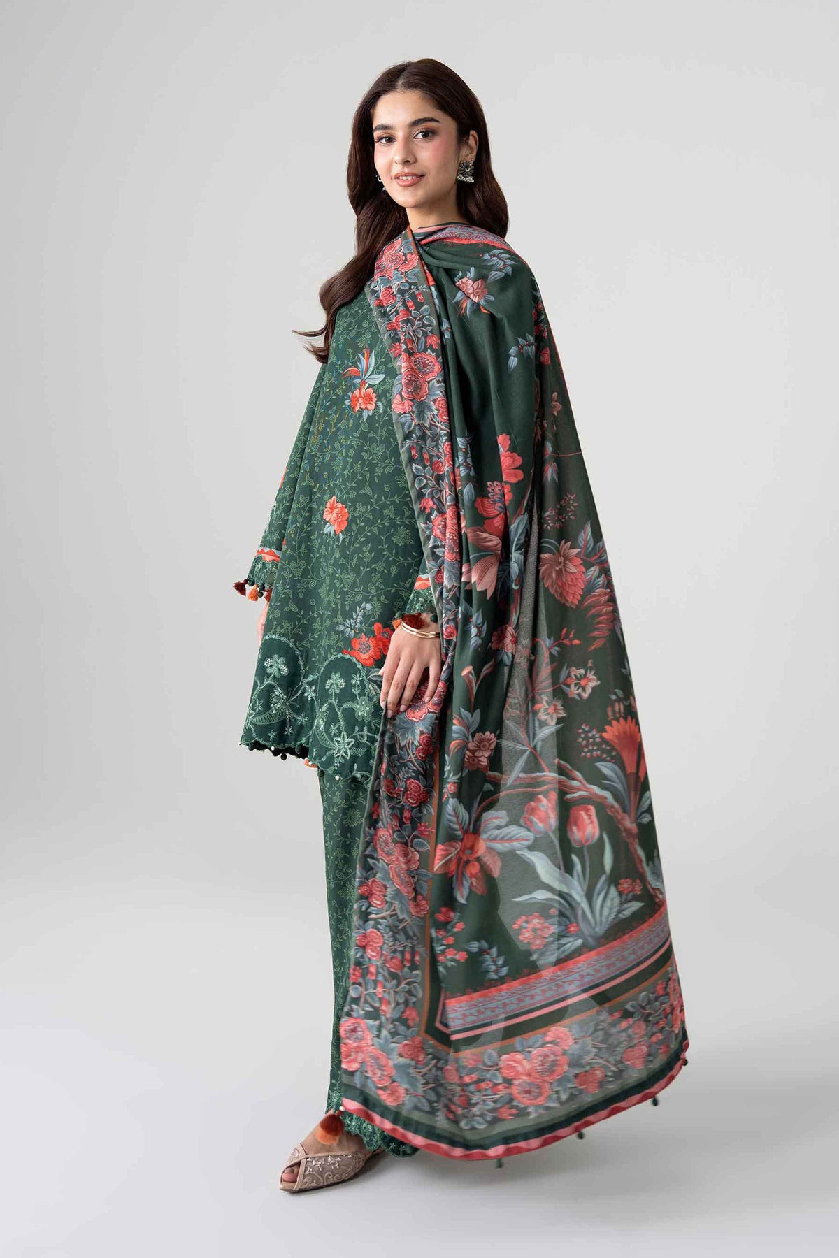 Green 3-Piece Digital Printed Embroidered Suit in Khaddar unstitched