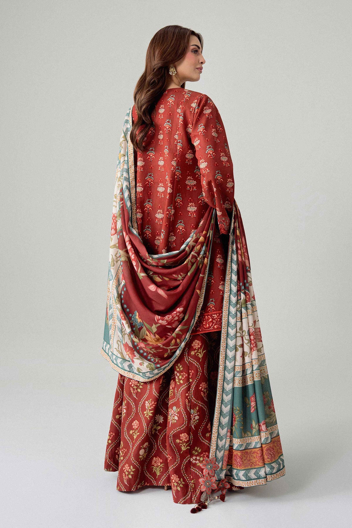 Maroon 3-Piece Digital Printed Embroidered Suit in Khaddar unstitched