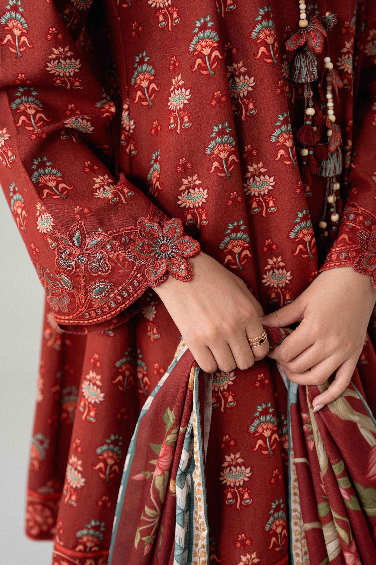 Maroon 3-Piece Digital Printed Embroidered Suit in Khaddar unstitched