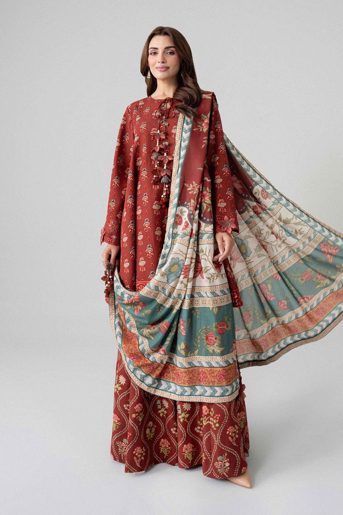 Maroon 3-Piece Digital Printed Embroidered Suit in Khaddar unstitched