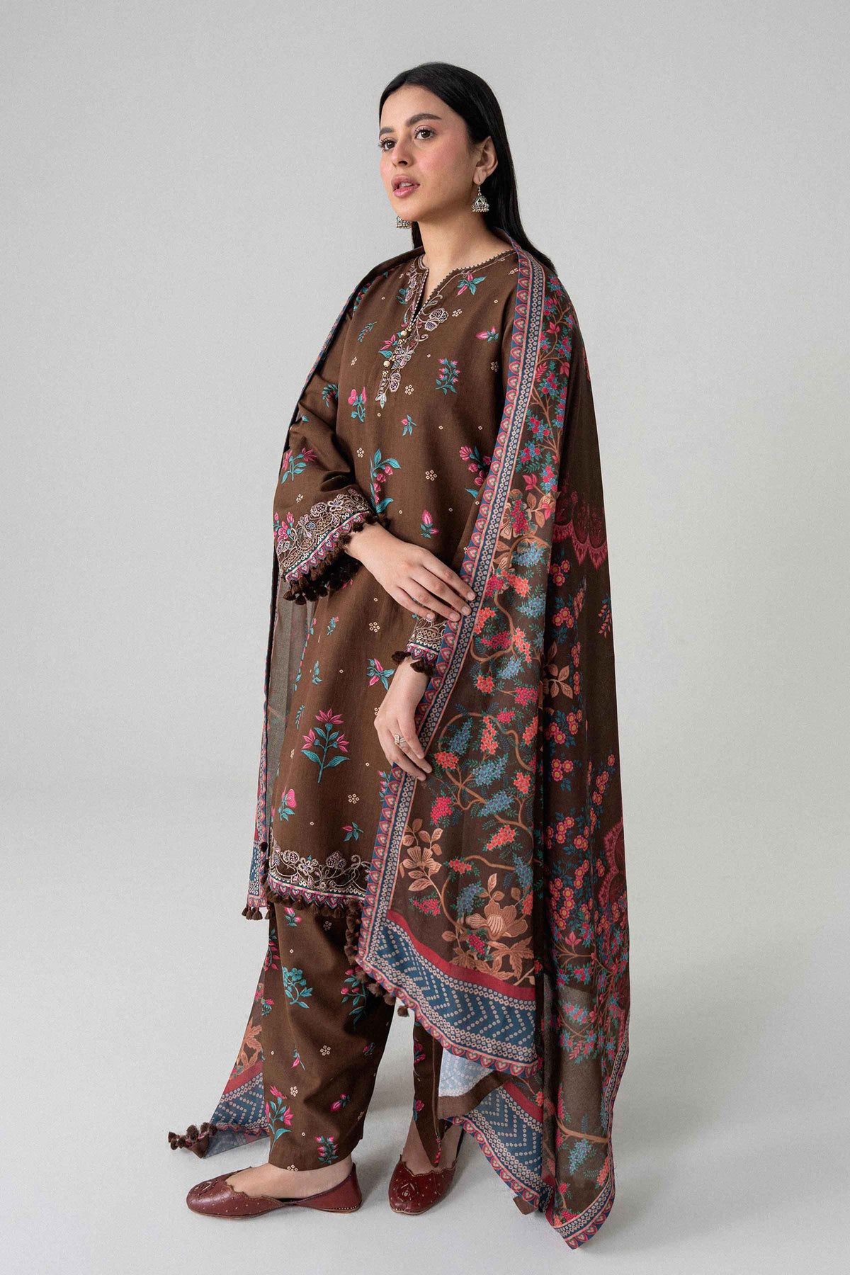 Brown 3-Piece Digital Printed Embroidered Suit in Khaddar unstitched