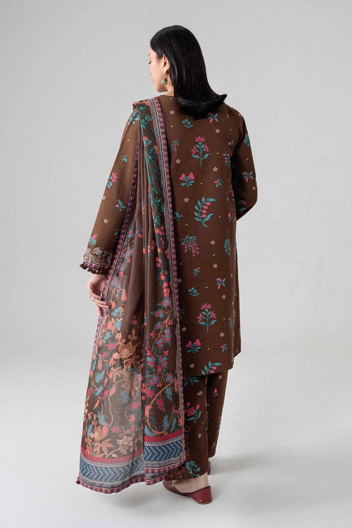 Brown 3-Piece Digital Printed Embroidered Suit in Khaddar unstitched