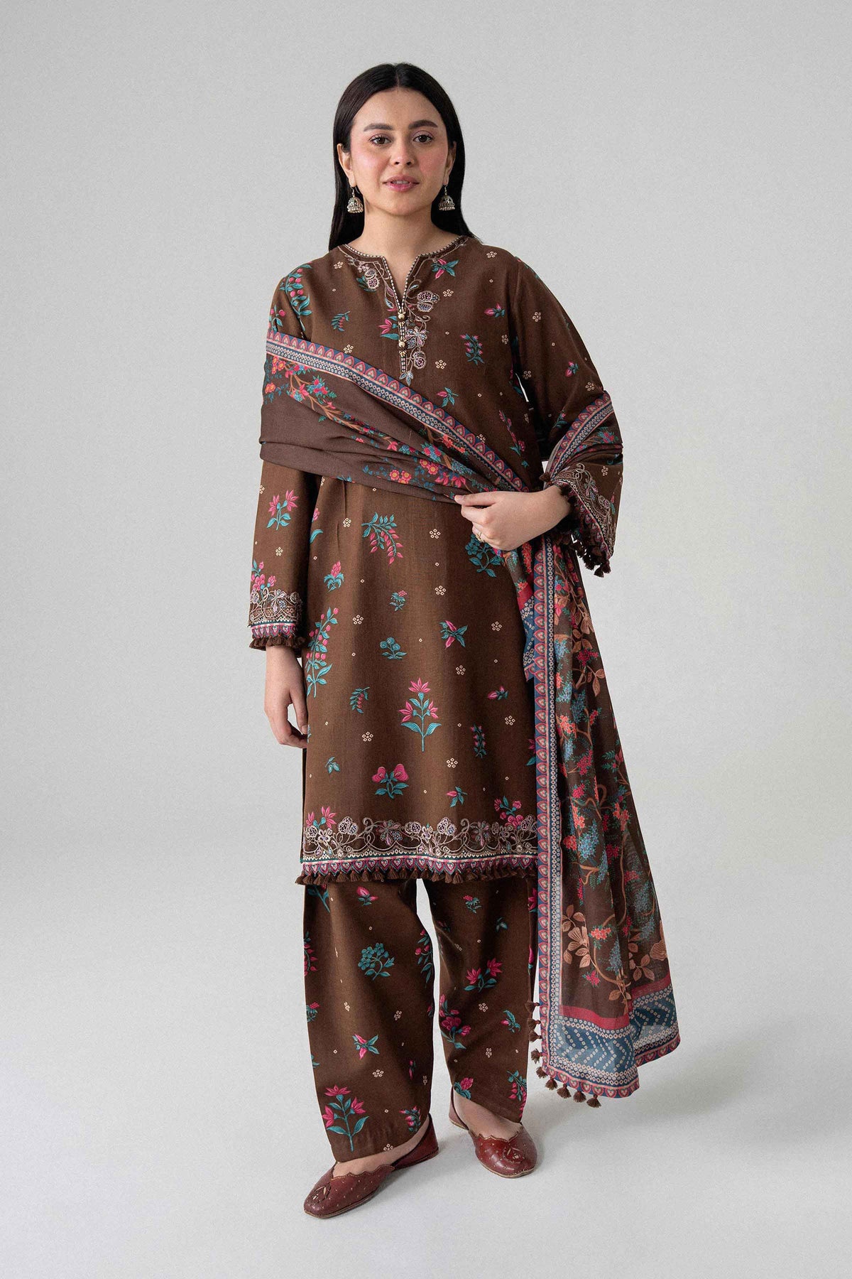 Brown 3-Piece Digital Printed Embroidered Suit in Khaddar unstitched