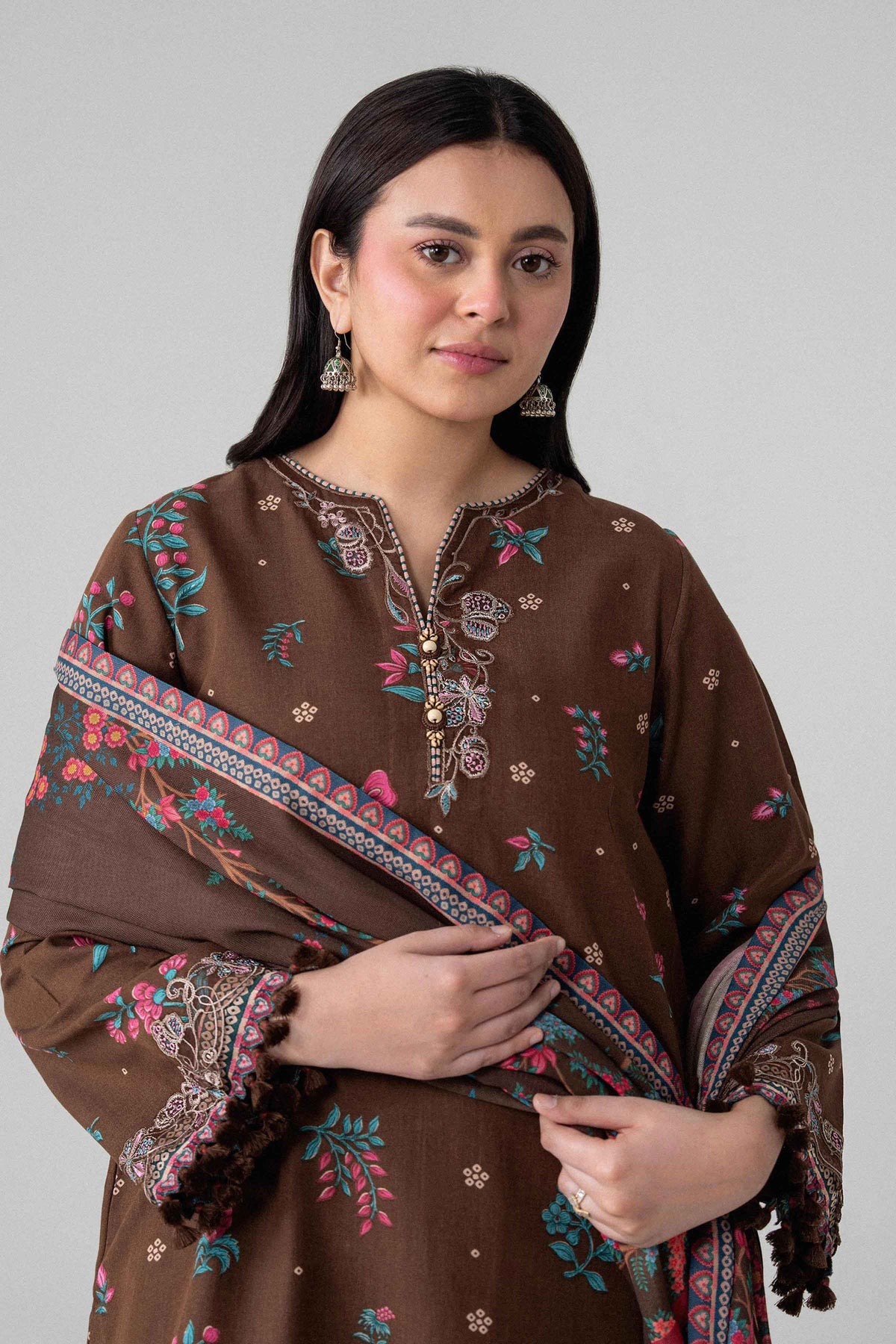 Brown 3-Piece Digital Printed Embroidered Suit in Khaddar unstitched