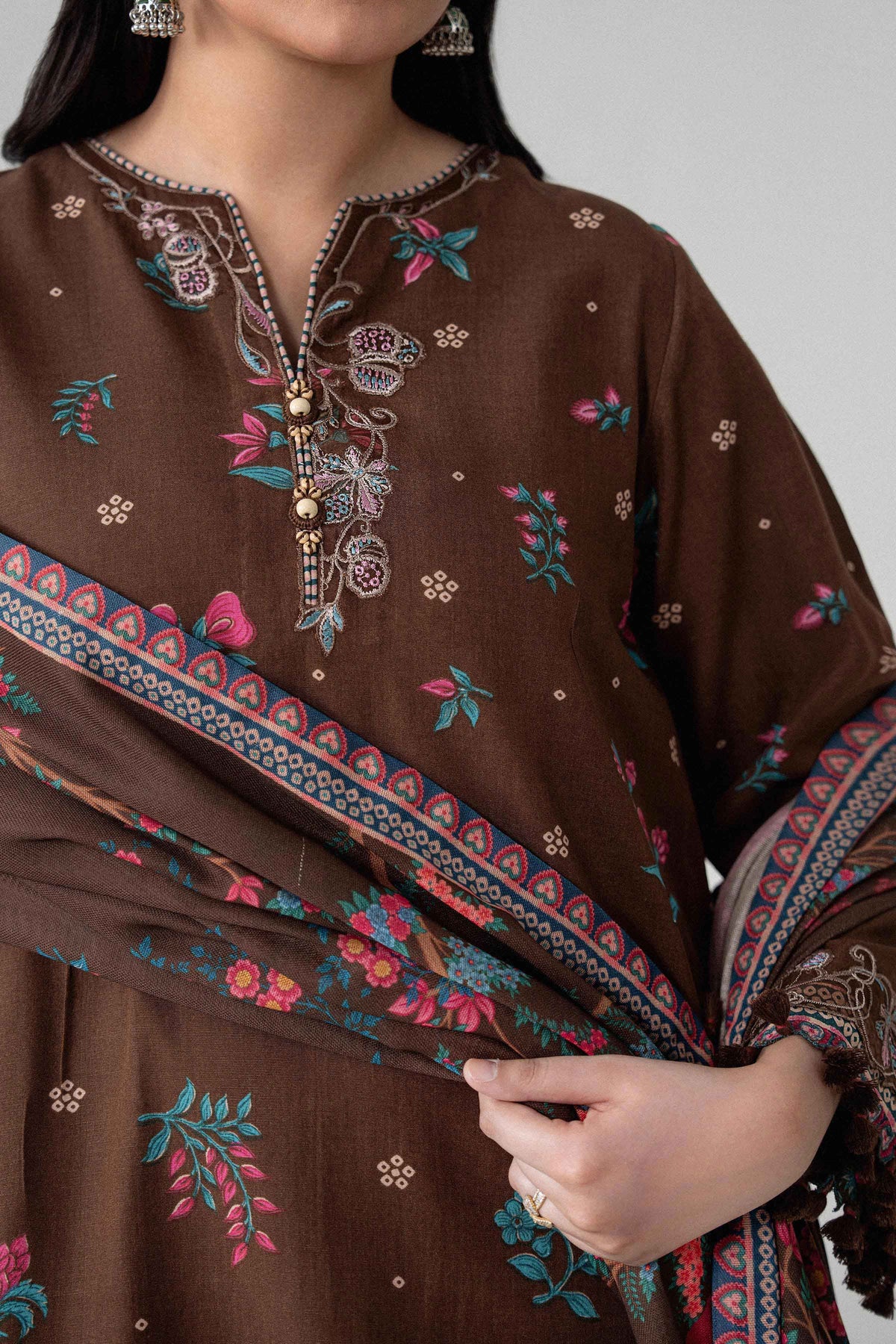 Brown 3-Piece Digital Printed Embroidered Suit in Khaddar unstitched