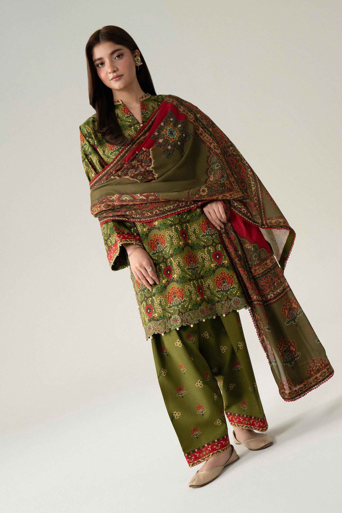 Green 3-Piece Digital Printed Embroidered Suit in Khaddar unstitched