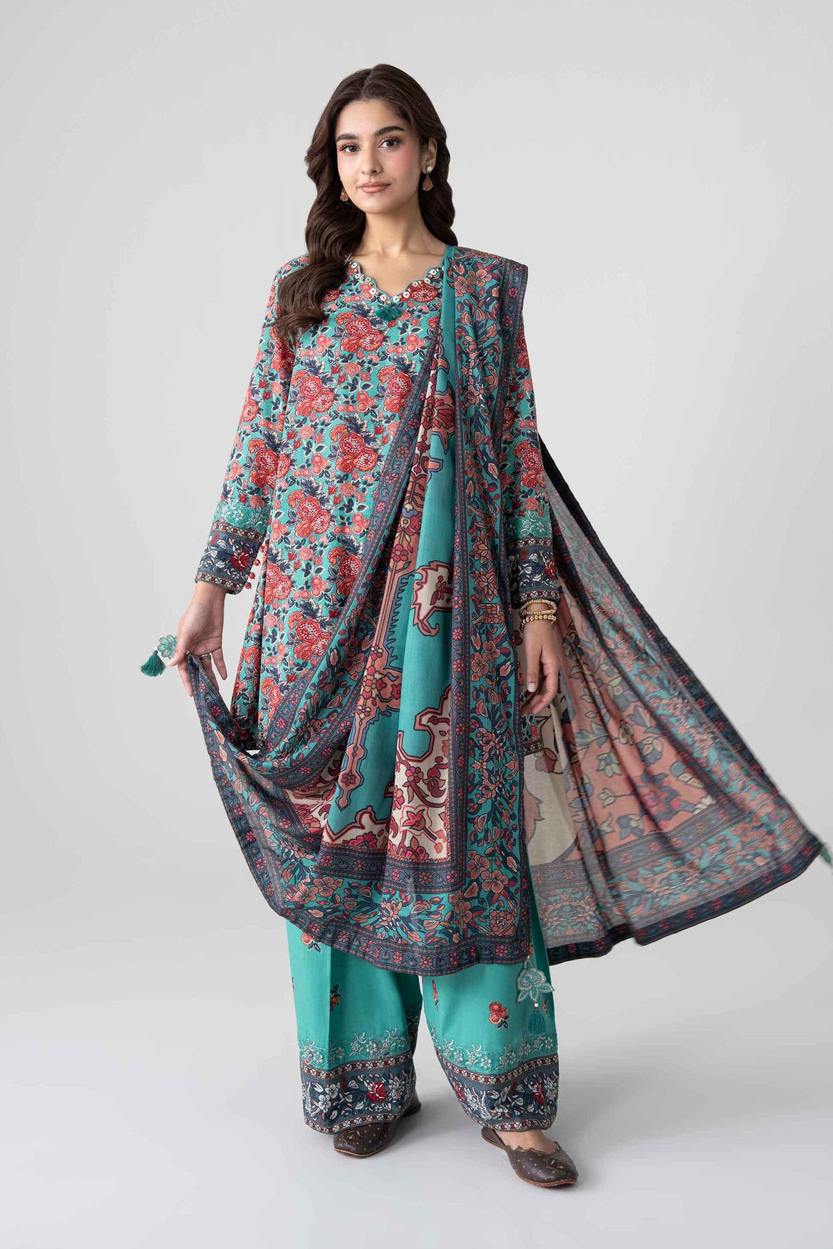 Multi 3-Piece Digital Printed Embroidered Suit in Khaddar unstitched