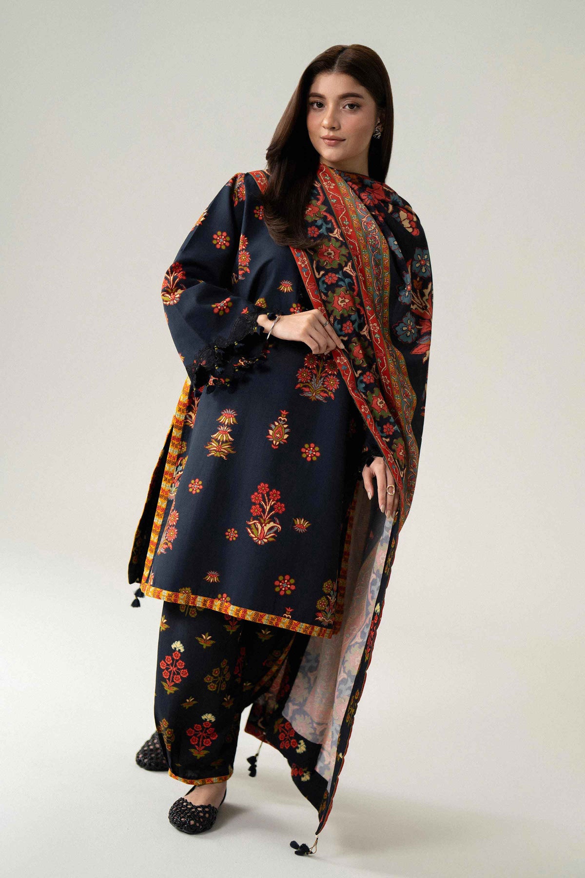 Black 3-Piece Digital Printed Embroidered Suit in Khaddar unstitched