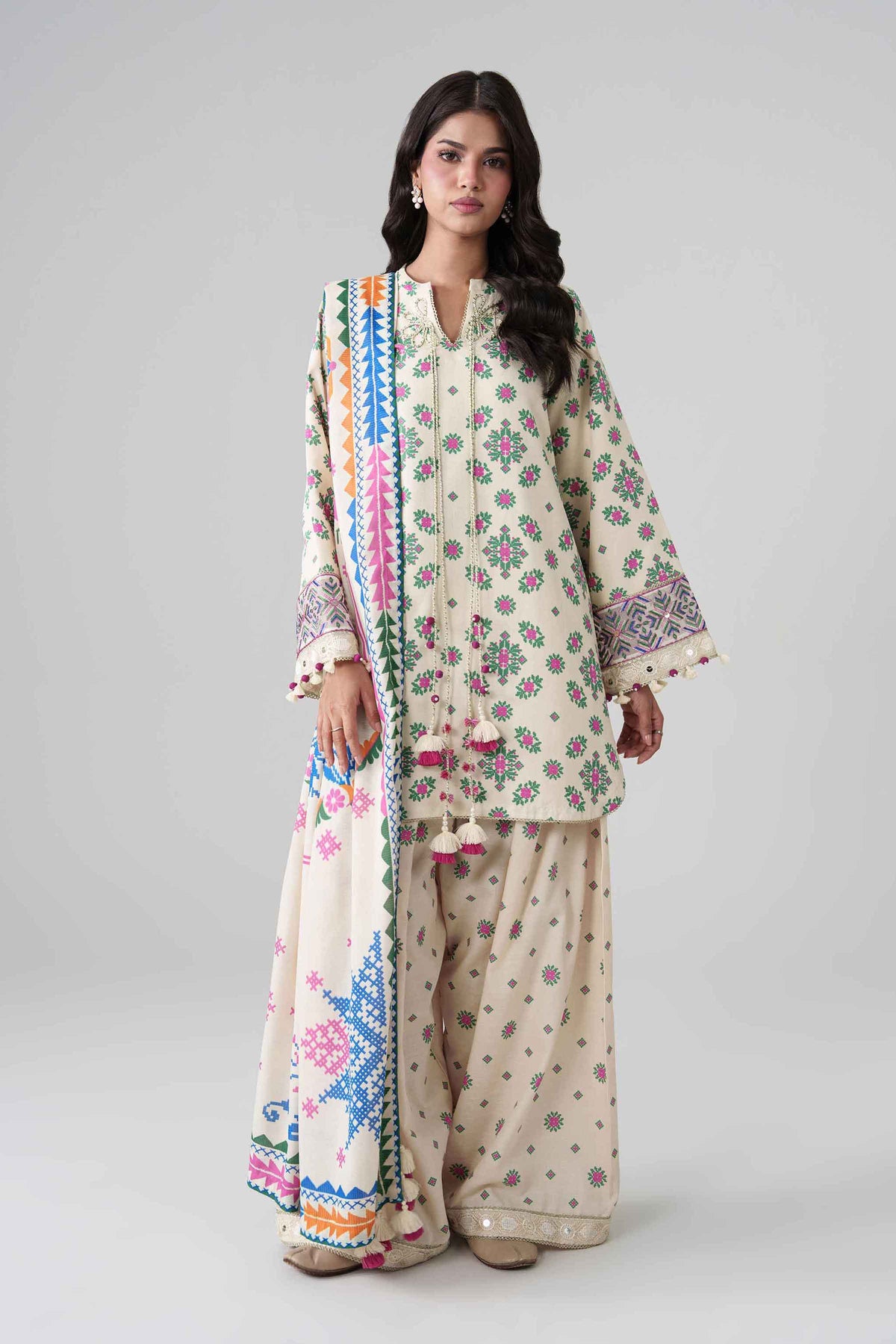 Beige 3-Piece Printed Embroidered Suit in Khaddar unstitched