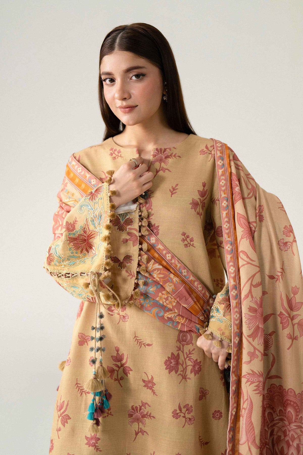 Multi 3-Piece Printed Embroidered Suit in Khaddar unstitched