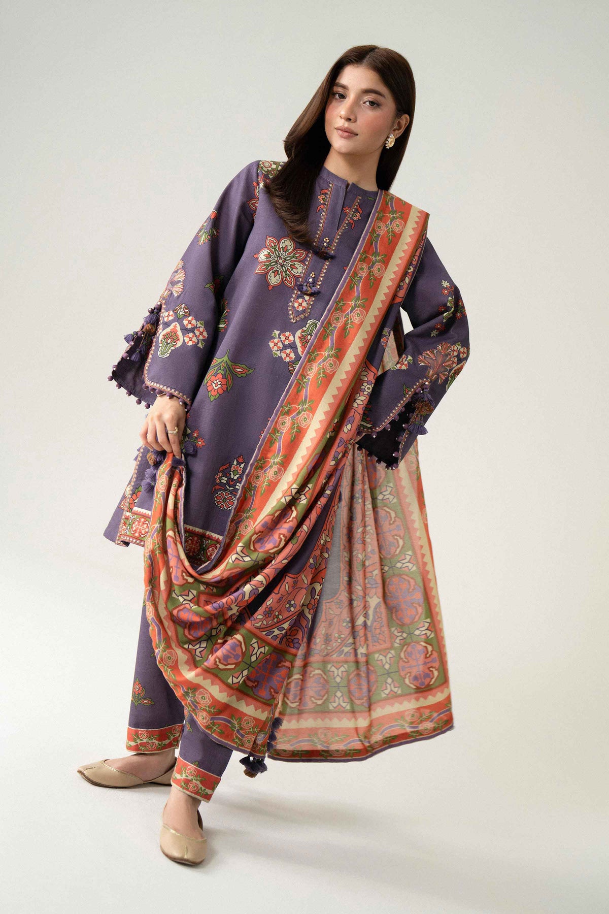 Purple 3-Piece Printed Embroidered Suit in Khaddar unstitched