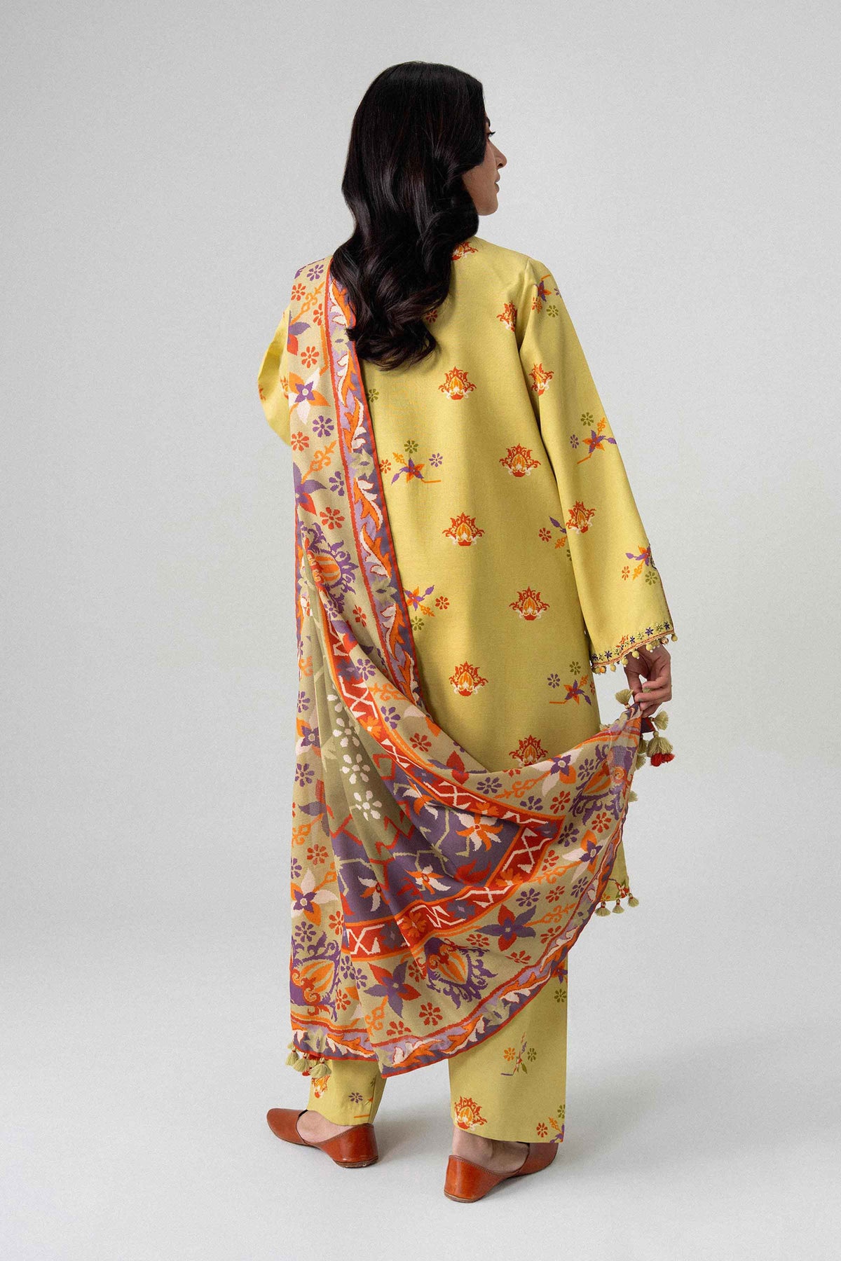 Yellow 3-Piece Printed Embroidered Suit in Khaddar unstitched