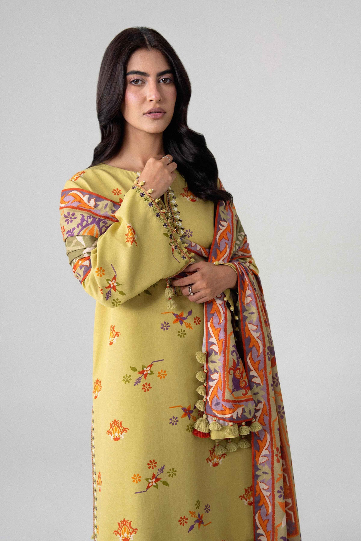 Yellow 3-Piece Printed Embroidered Suit in Khaddar unstitched