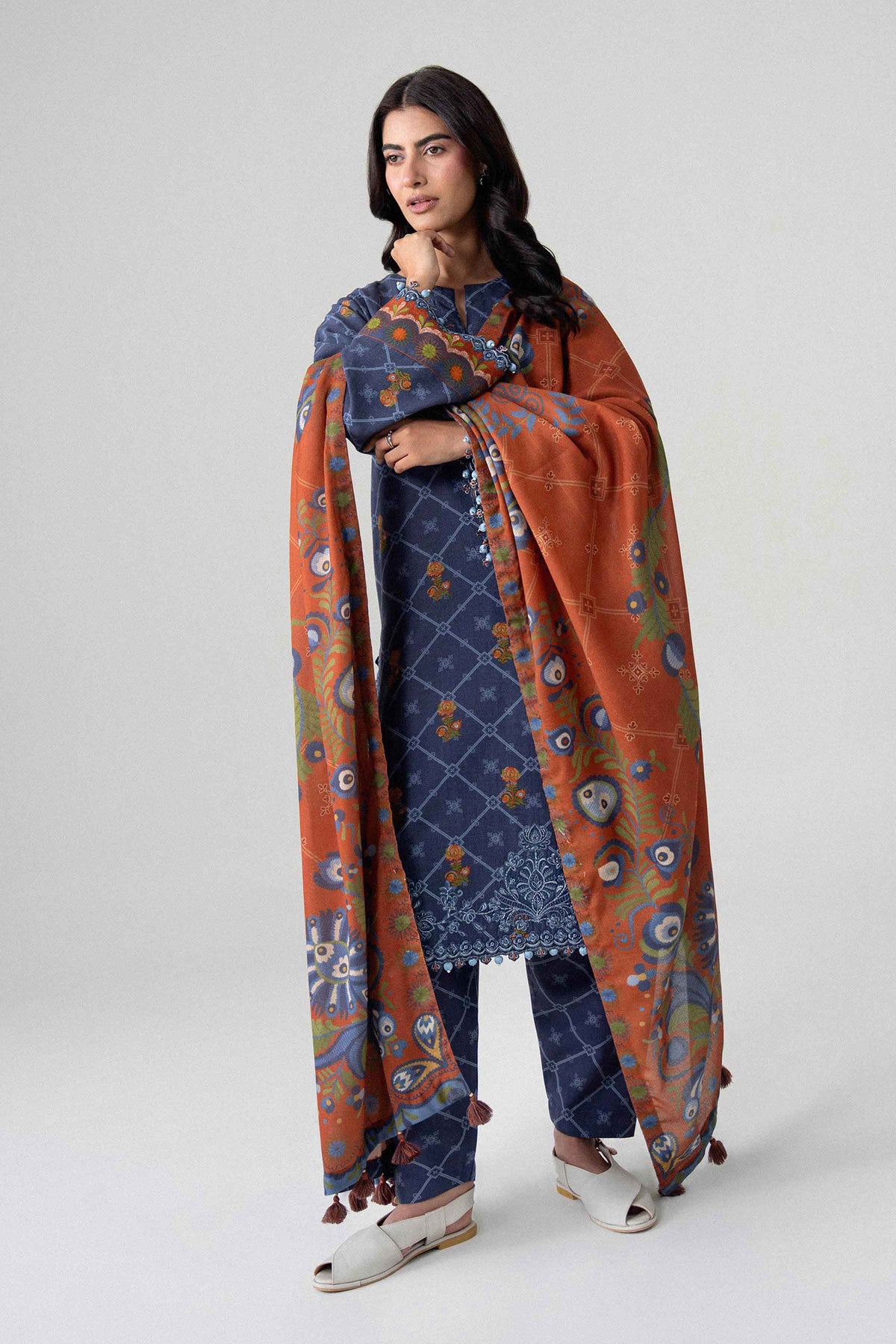 Blue 3-Piece Printed Embroidered Suit in Khaddar unstitched