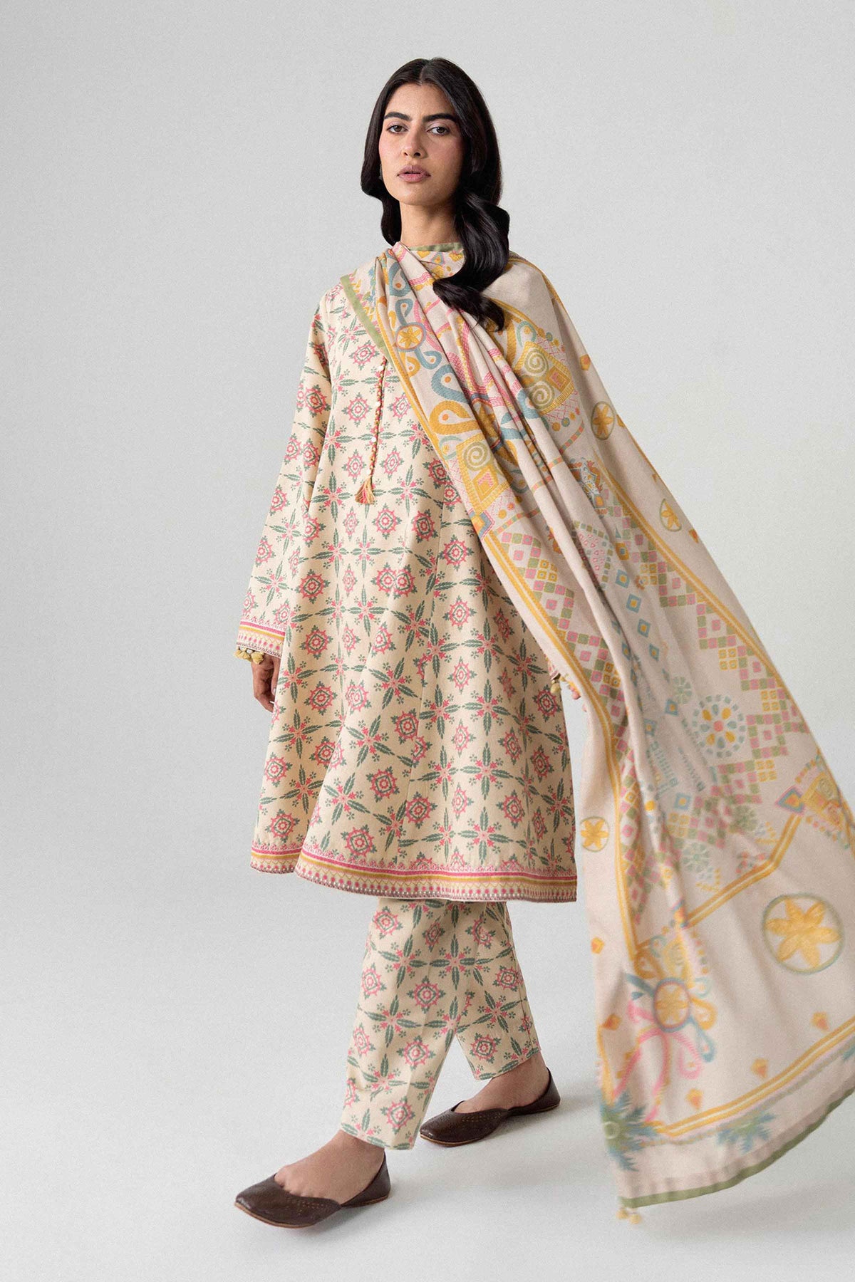 Beige 3-Piece Printed Embroidered Suit in Khaddar unstitched