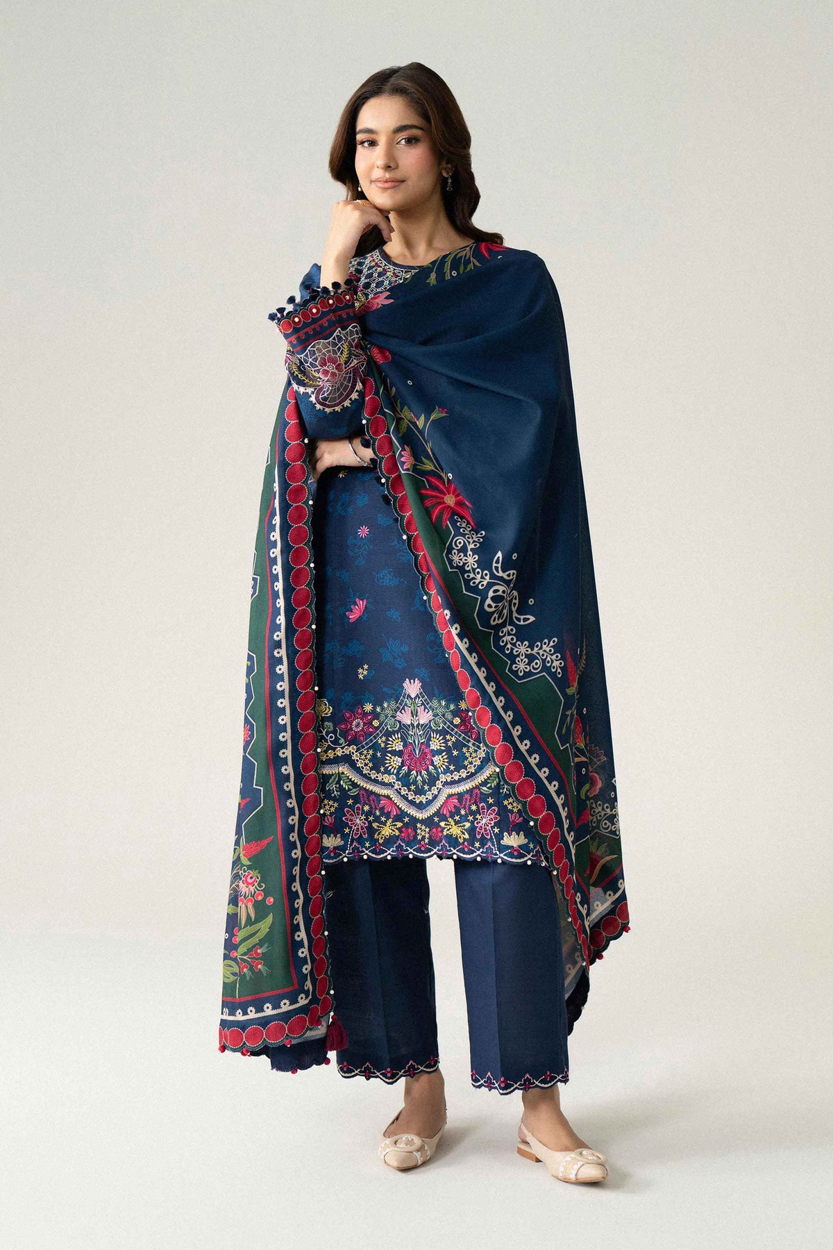 Blue 3-Piece Digital Printed Embroidered Suit in Khaddar unstitched