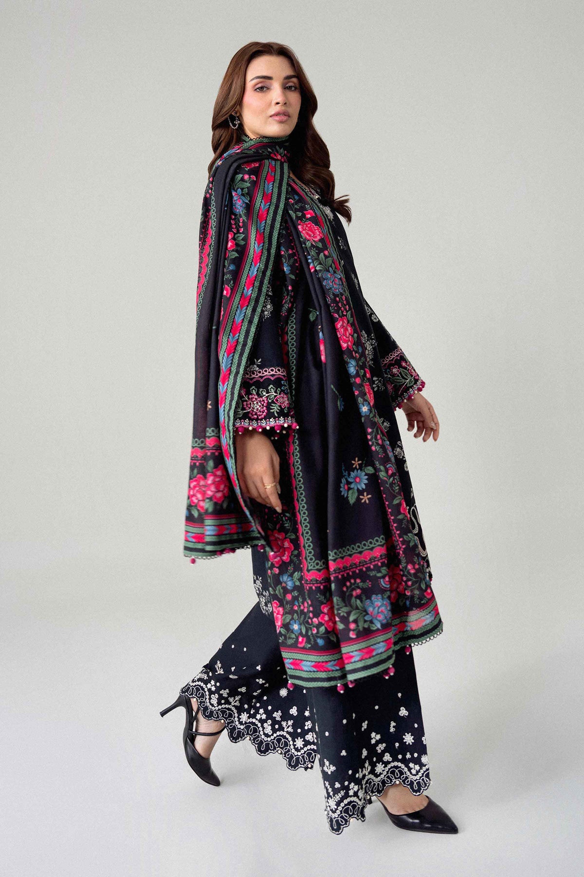 Black 3-Piece Digital Printed Embroidered Suit in Khaddar unstitched