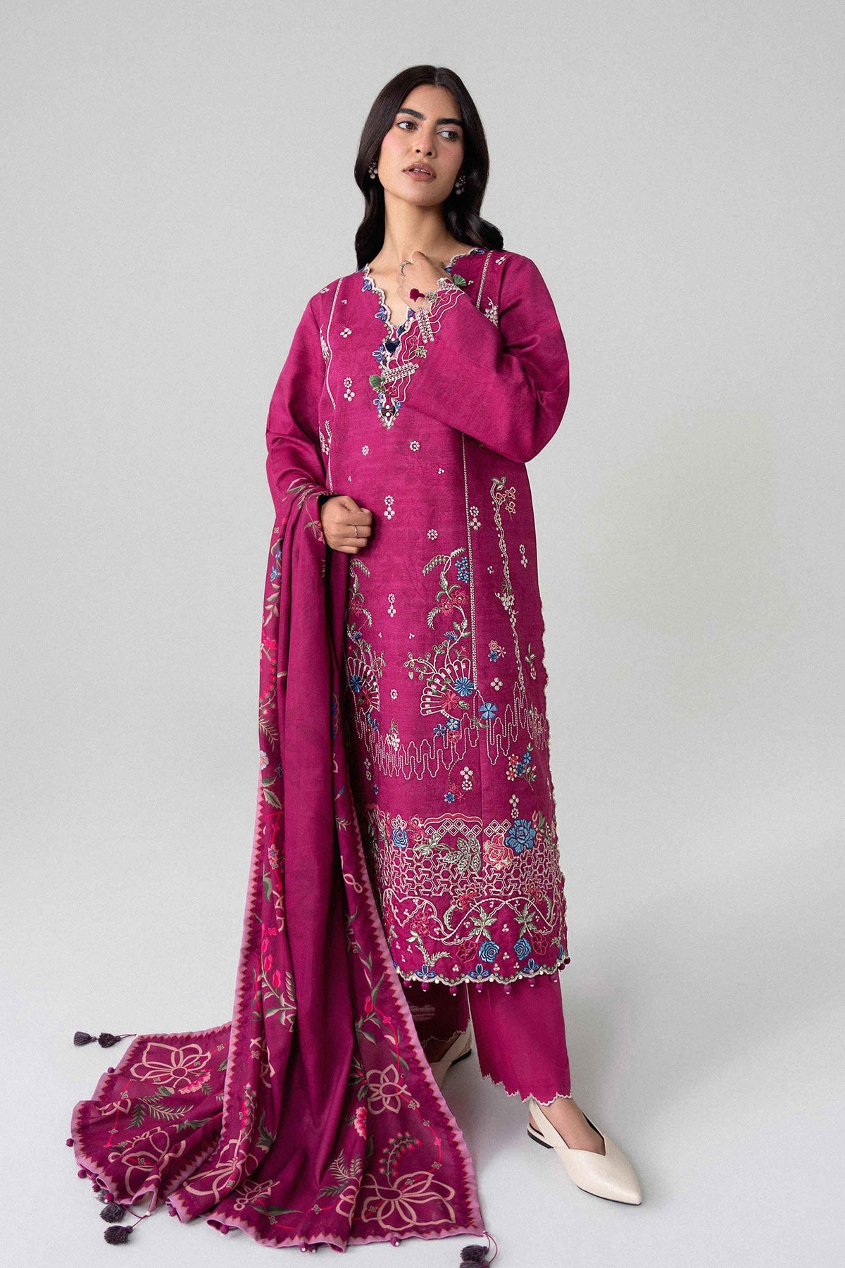 Purple 3-Piece Digital Printed Embroidered Suit in Khaddar unstitched