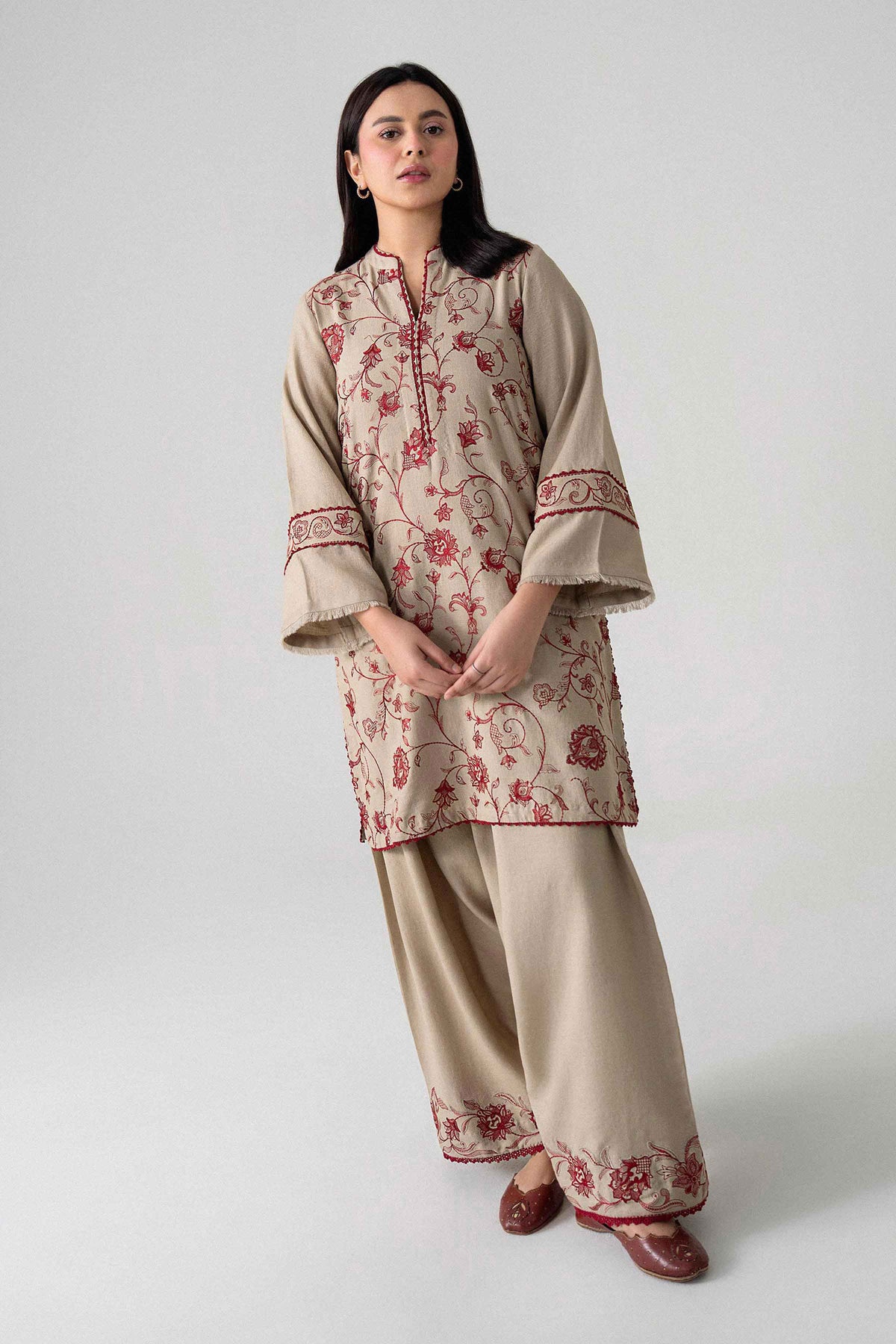 Beige 2-Piece Embroidered Suit in Viscose Zari unstitched