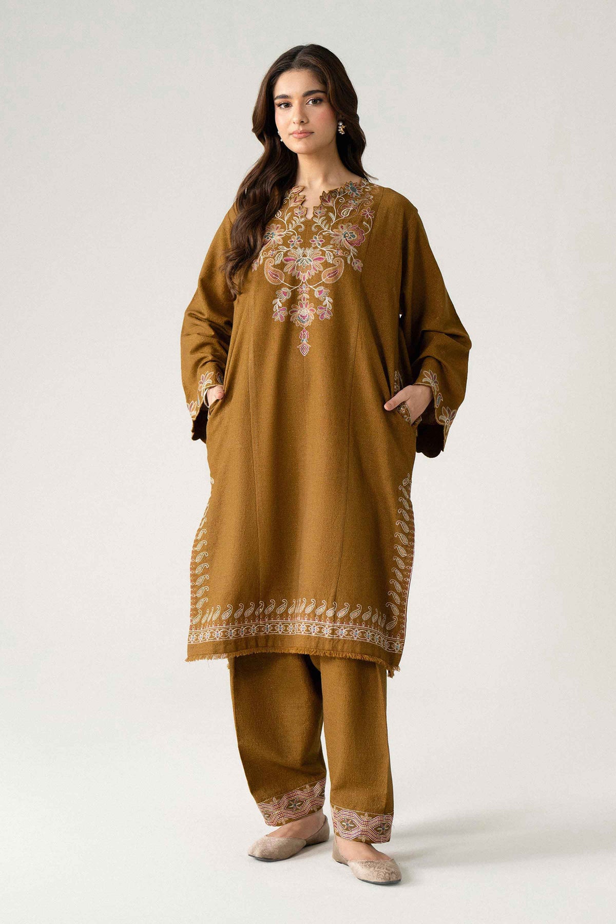 Brown 2-Piece Embroidered Suit in Viscose Zari unstitched
