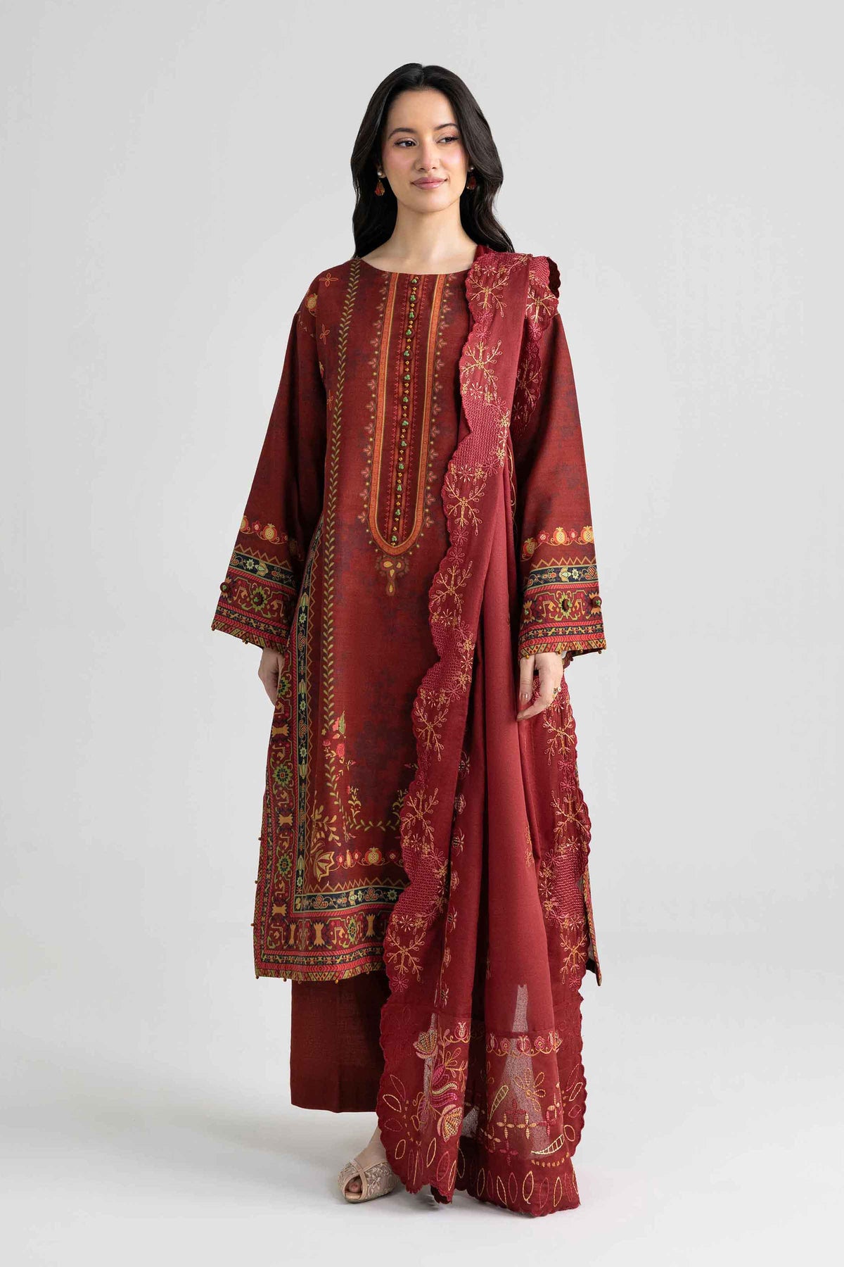 3-Piece Digital Printed Embroidered Suit in Khaddar unstitched
