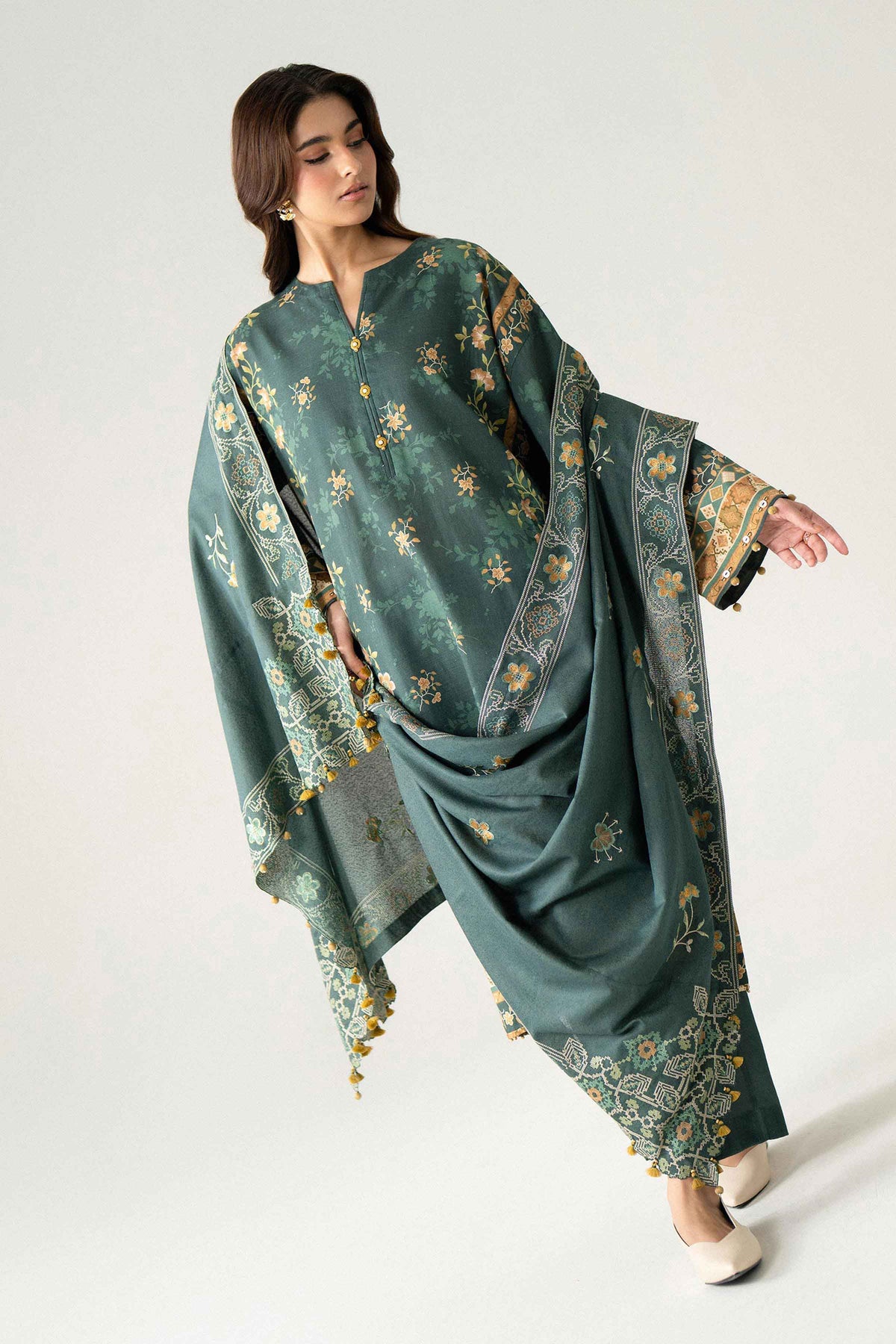 Green 3-Piece Digital Printed Embroidered Suit in Khaddar unstitched