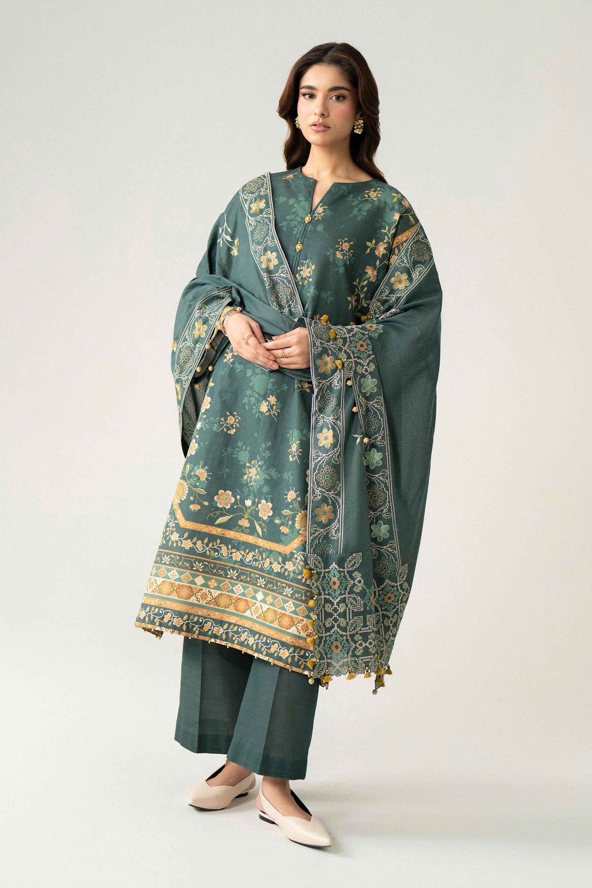 Green 3-Piece Digital Printed Embroidered Suit in Khaddar unstitched