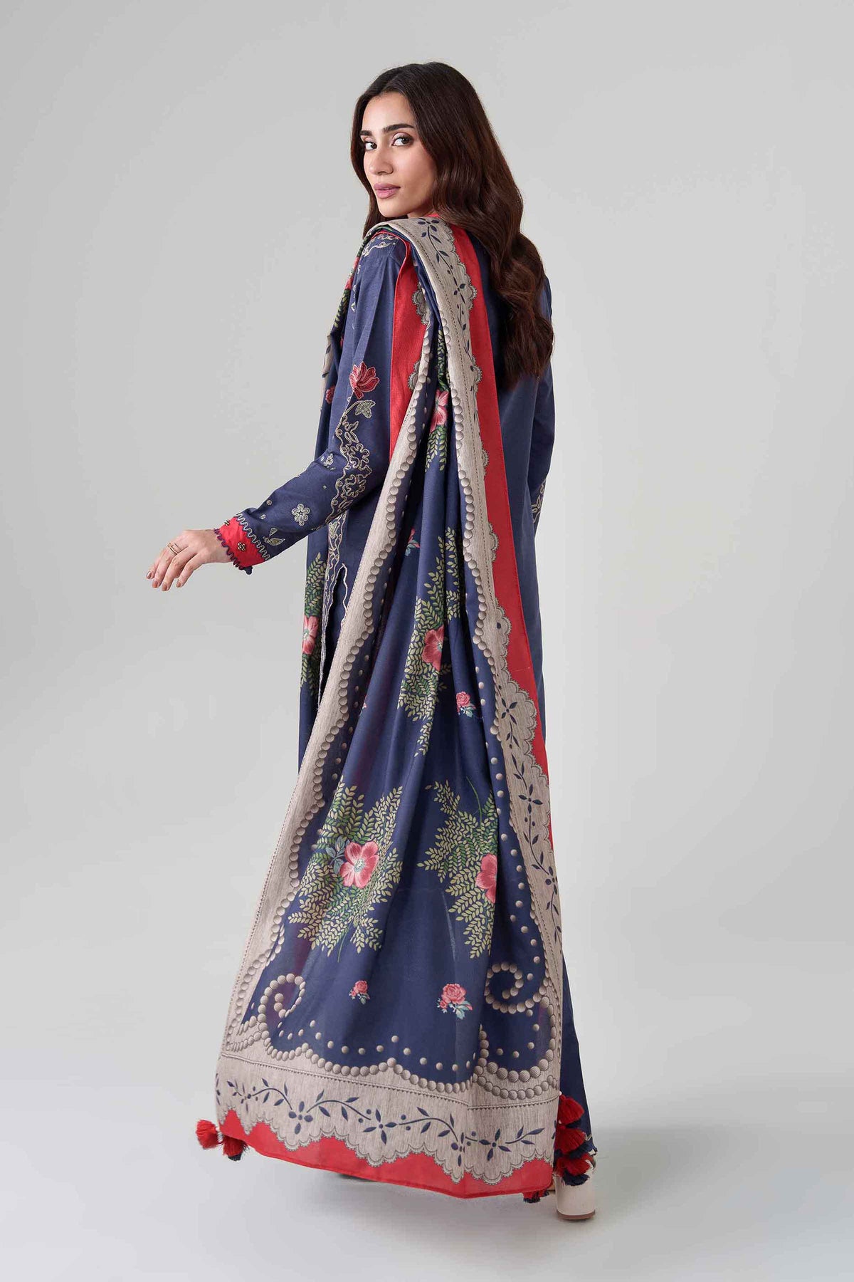 Blue 3-Piece Digital Printed Embroidered Suit in Khaddar unstitched