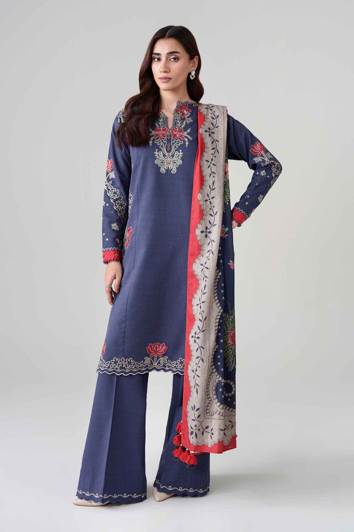 Blue 3-Piece Digital Printed Embroidered Suit in Khaddar unstitched