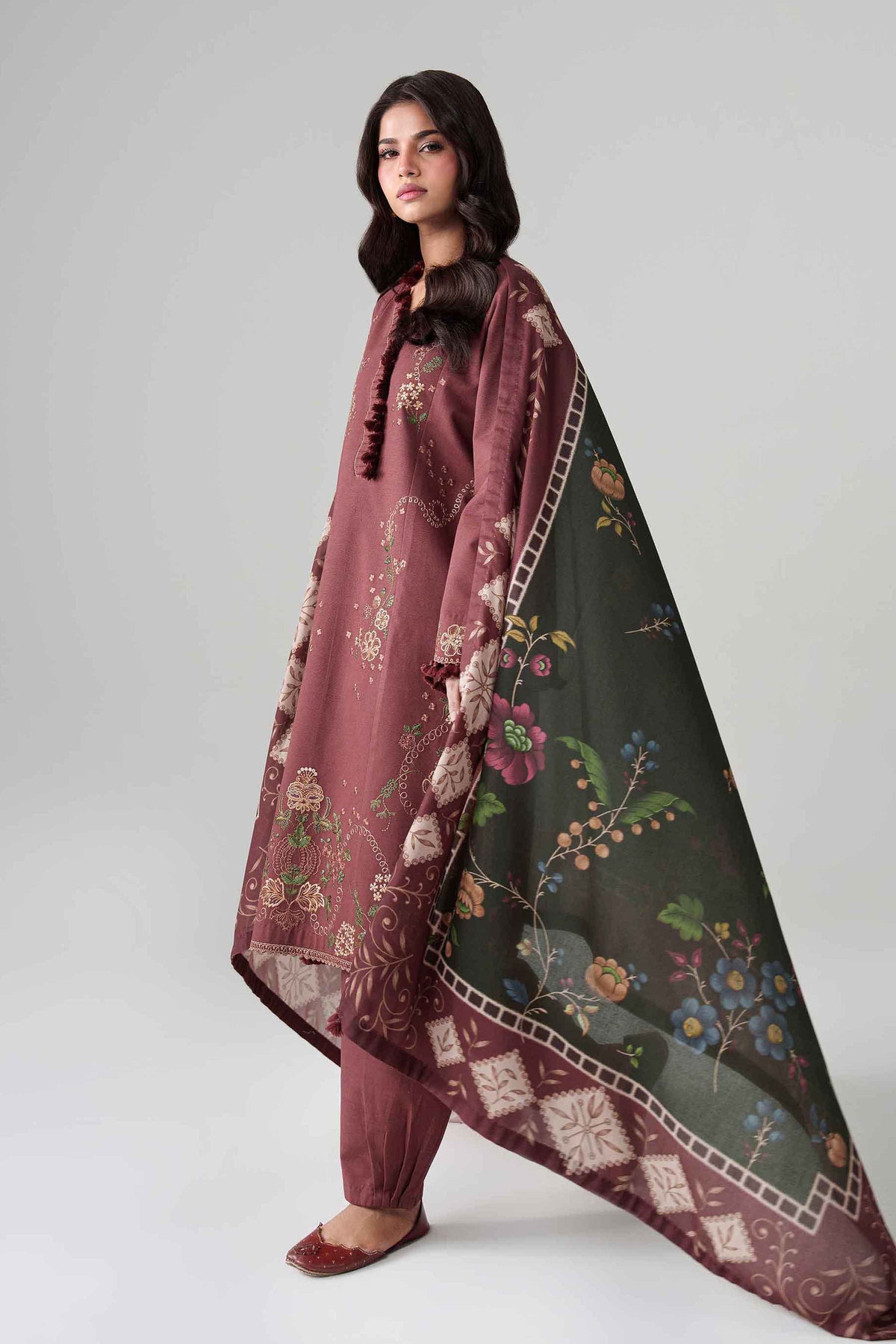 Brown 3-Piece Digital Printed Embroidered Suit in Khaddar unstitched