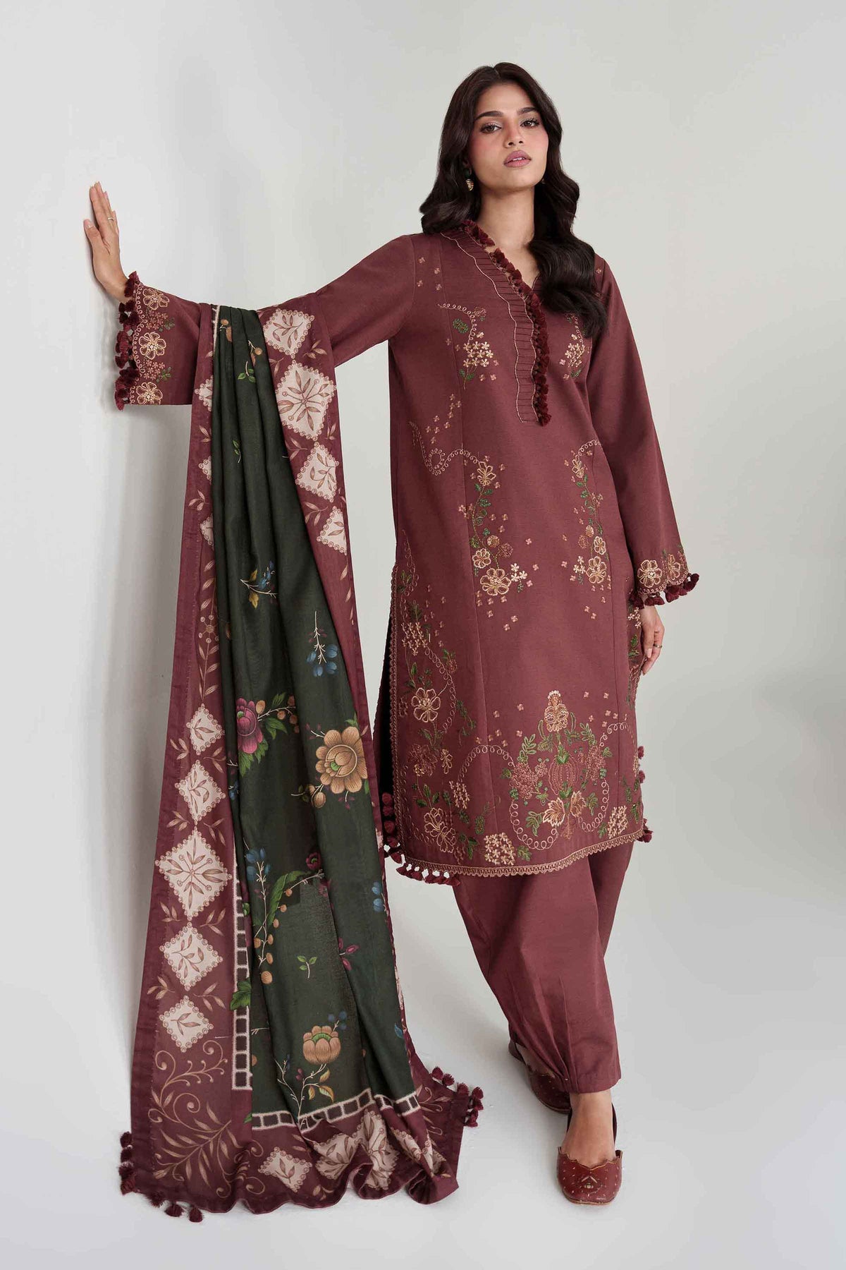 Brown 3-Piece Digital Printed Embroidered Suit in Khaddar unstitched