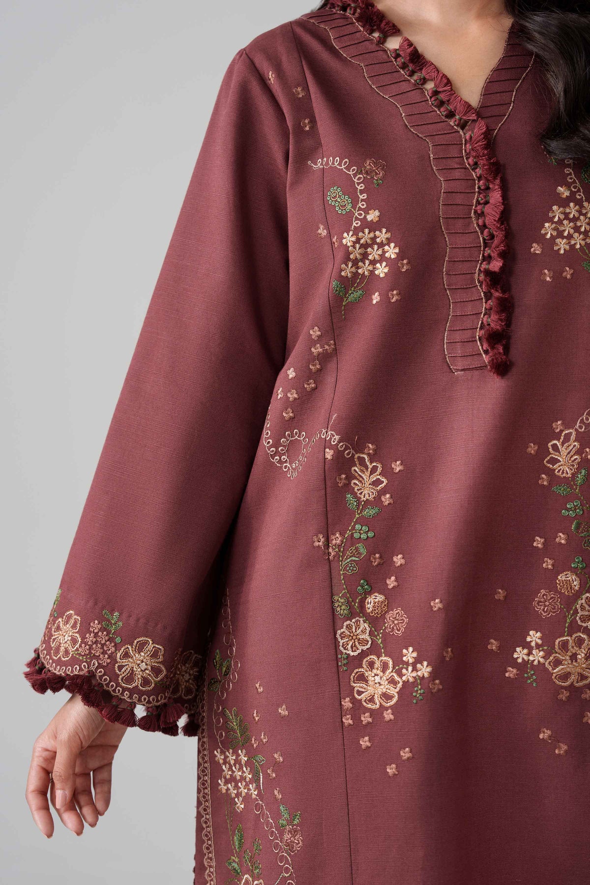 Brown 3-Piece Digital Printed Embroidered Suit in Khaddar unstitched