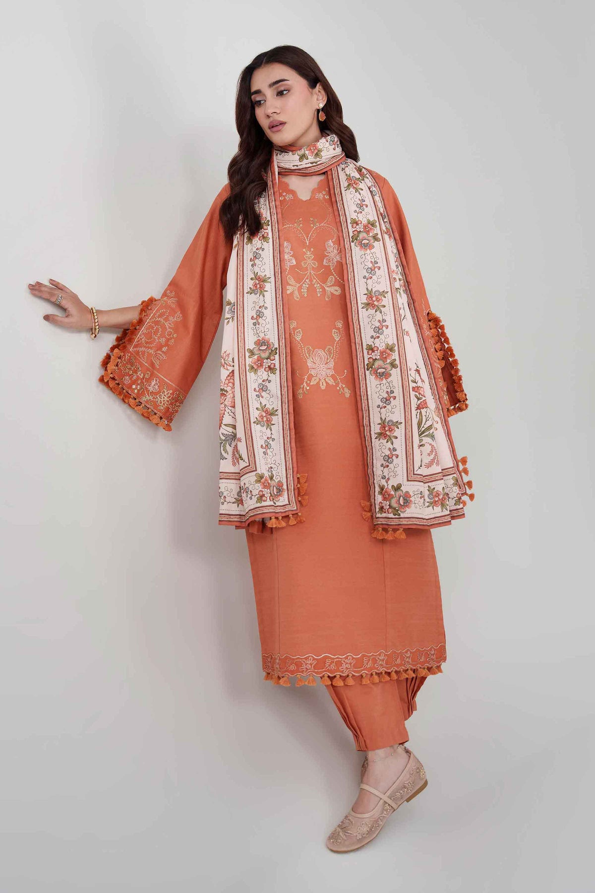 Orange 3-Piece Digital Printed Embroidered Suit in Khaddar unstitched