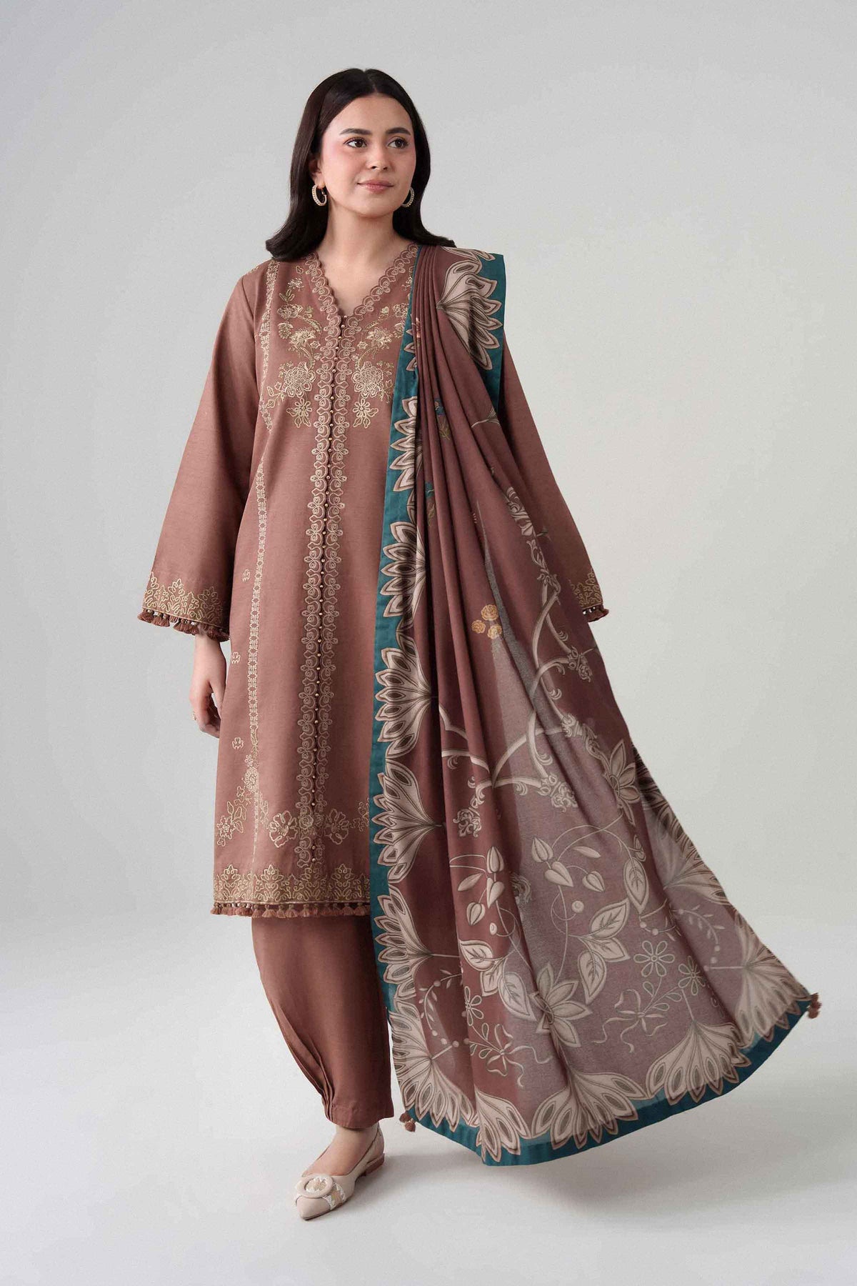 Brown 3-Piece Digital Printed Embroidered Suit in Khaddar unstitched