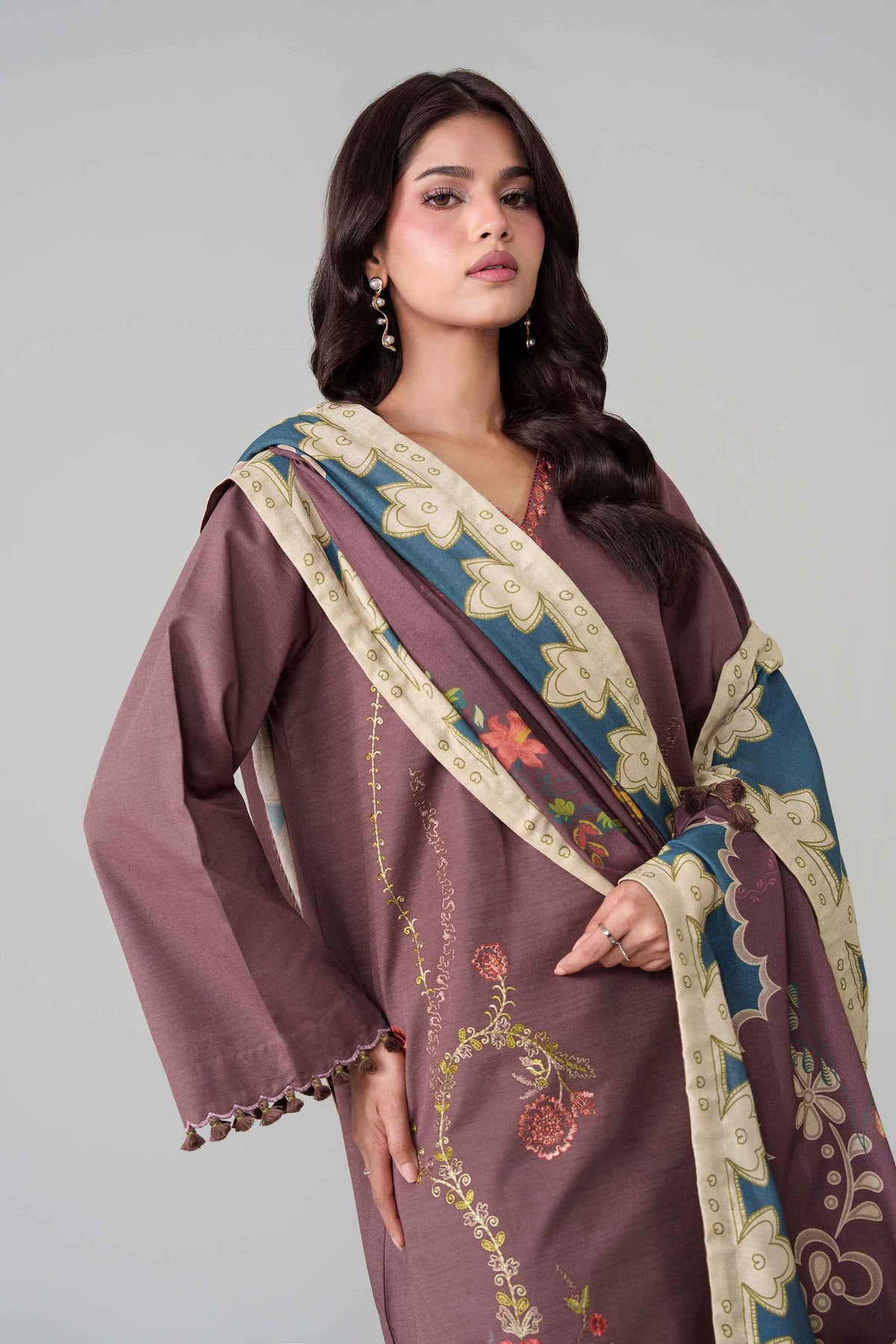 Brown 3-Piece Digital Printed Embroidered Suit in Khaddar unstitched