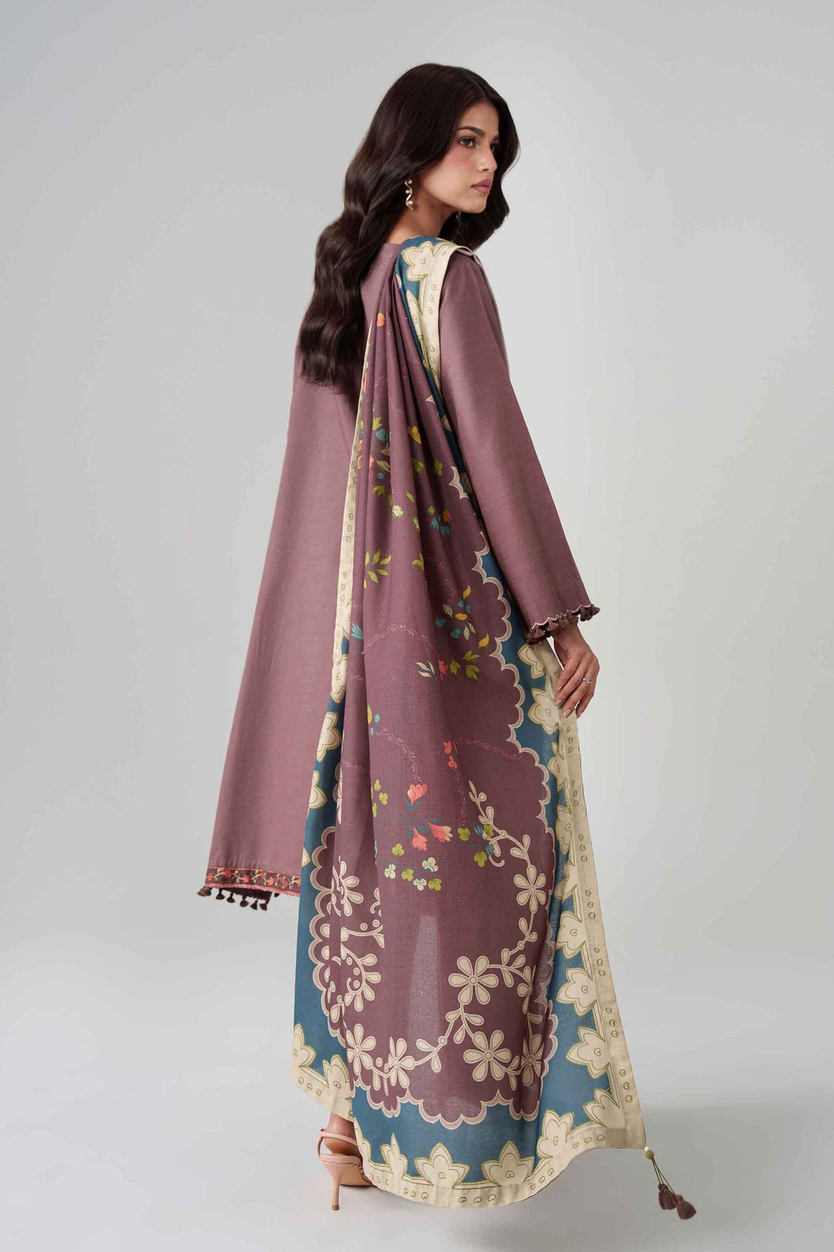 Brown 3-Piece Digital Printed Embroidered Suit in Khaddar unstitched