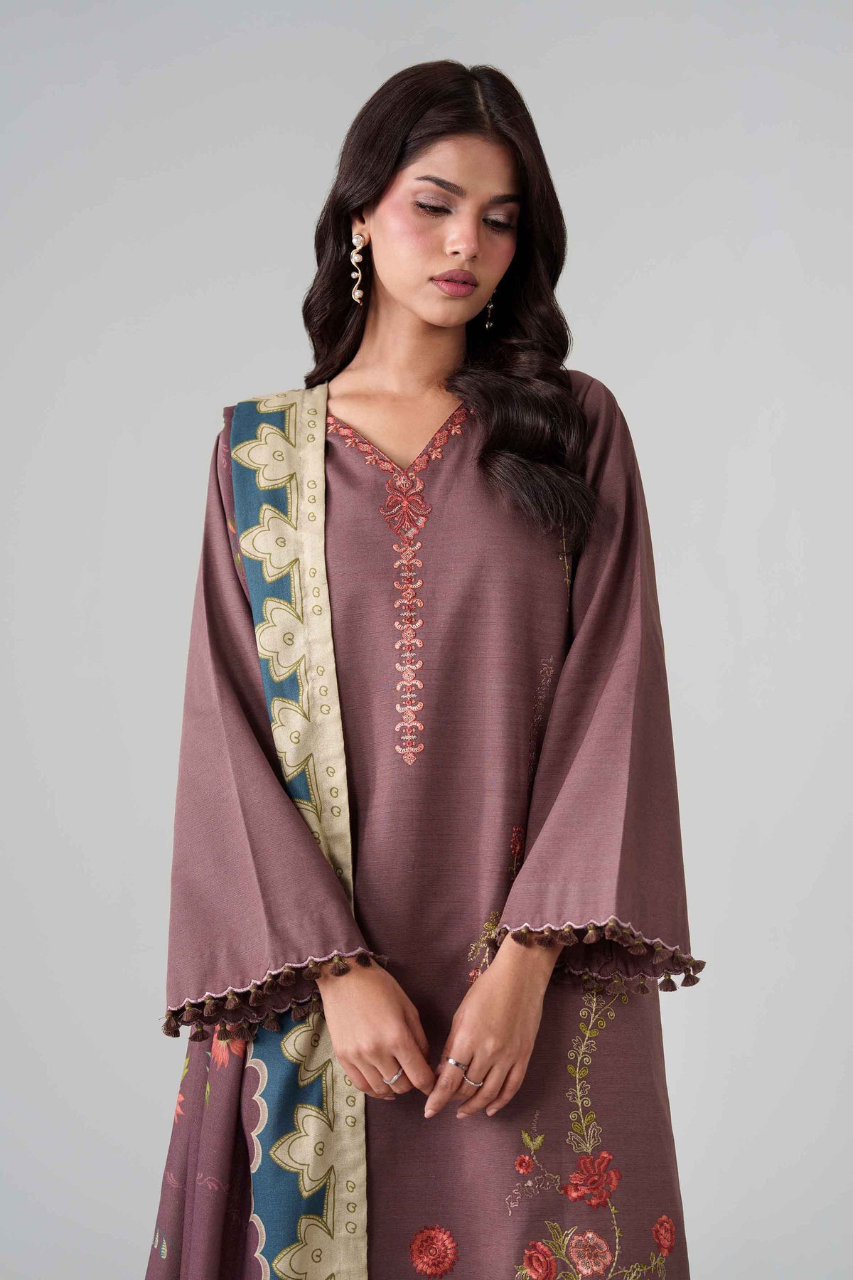 Brown 3-Piece Digital Printed Embroidered Suit in Khaddar unstitched