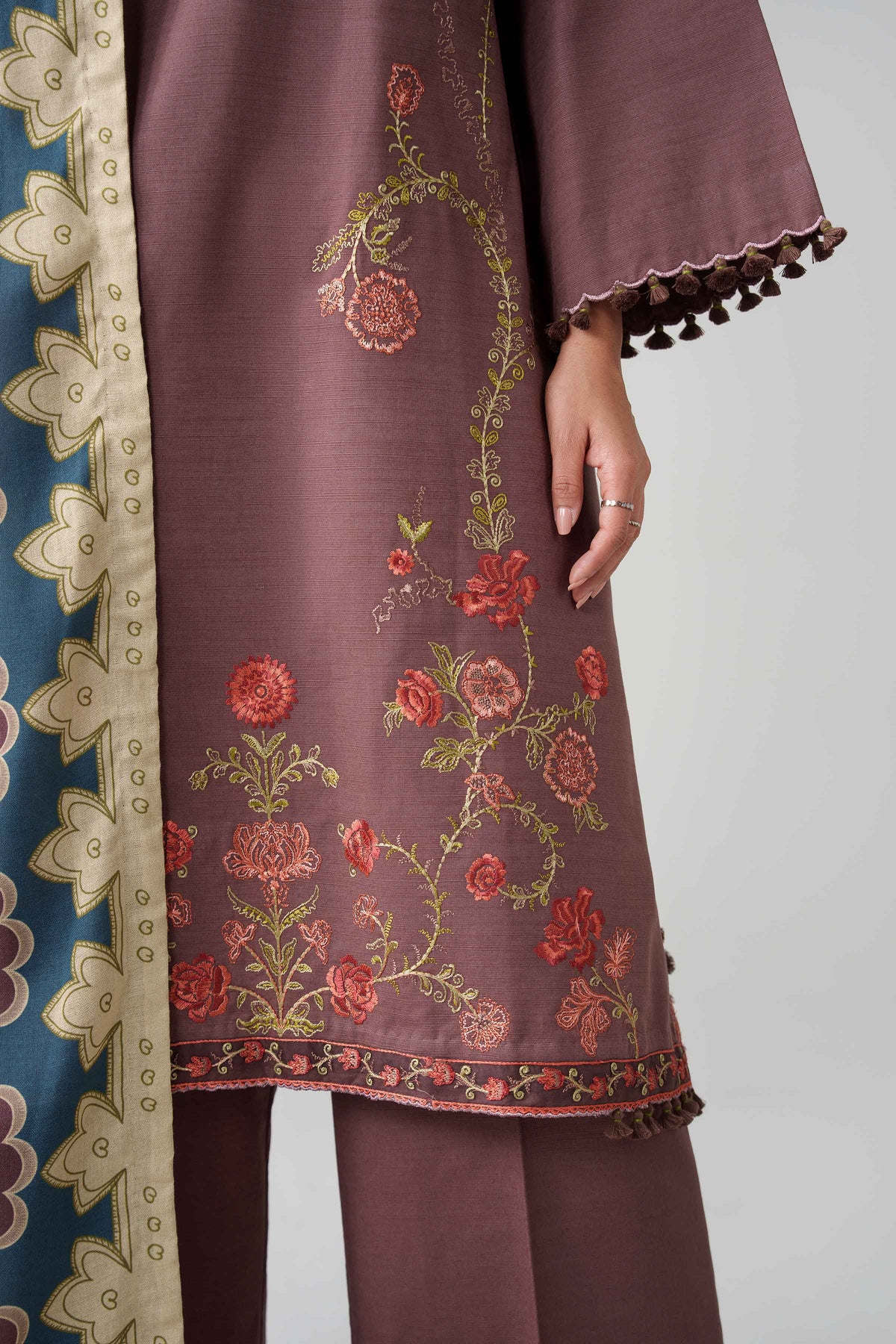 Brown 3-Piece Digital Printed Embroidered Suit in Khaddar unstitched