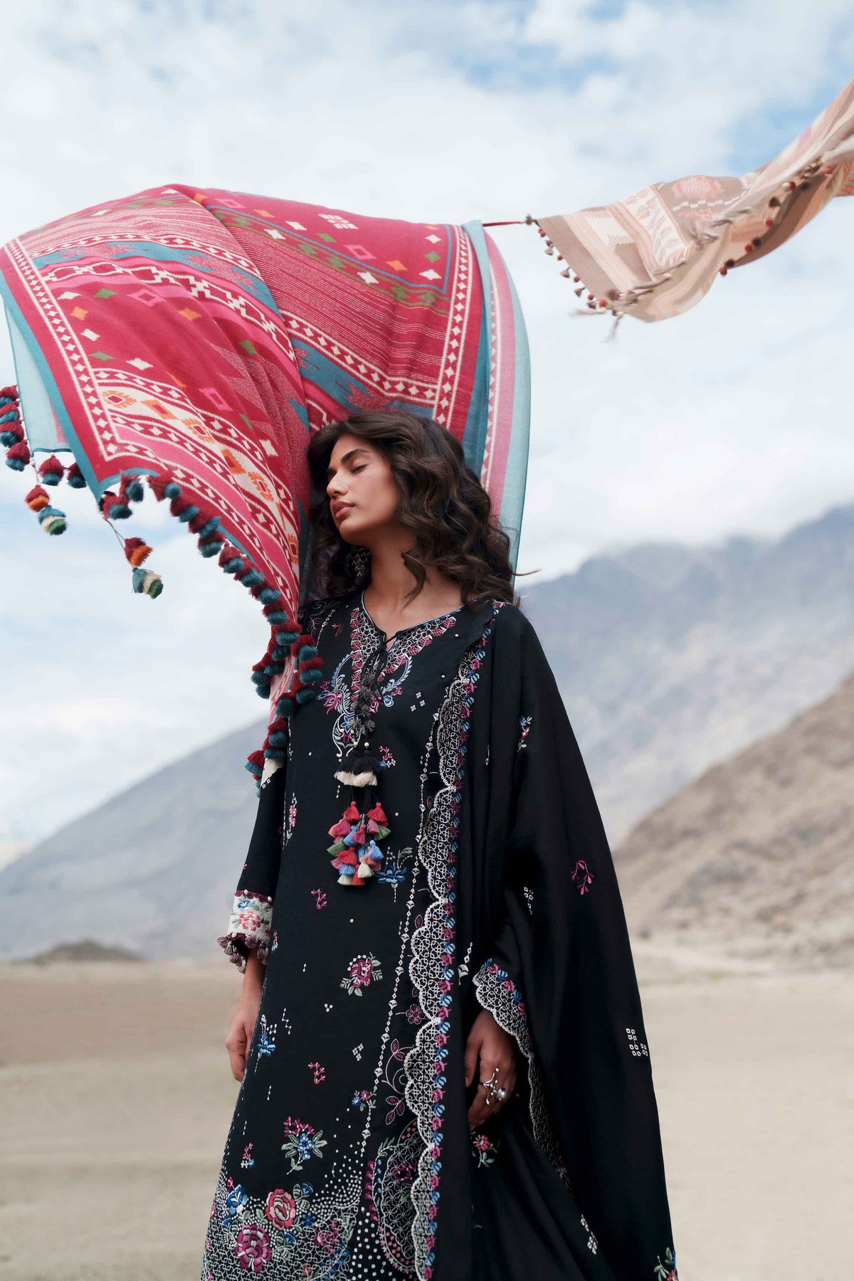 Black 3-Piece Printed Embroidered Suit in Karandi unstitched