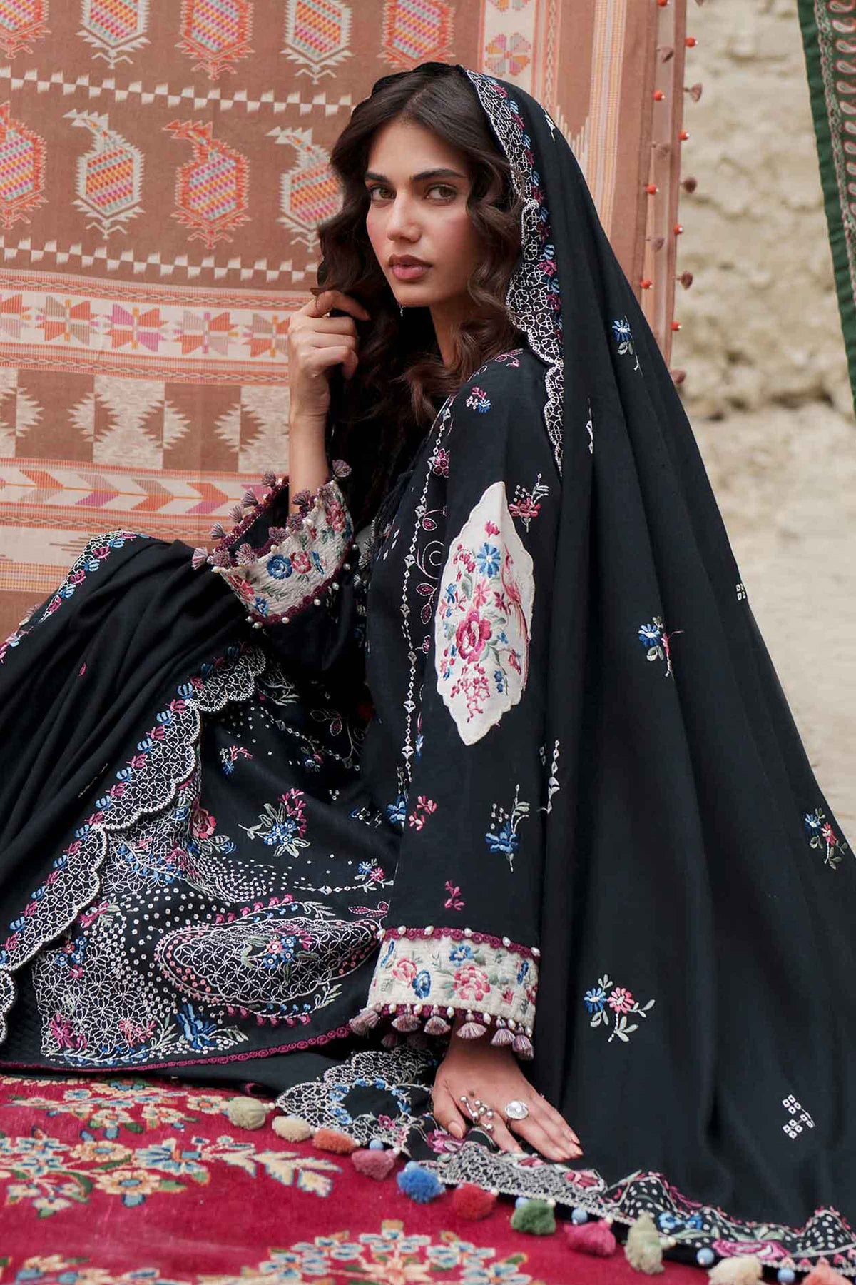 Black 3-Piece Printed Embroidered Suit in Karandi unstitched