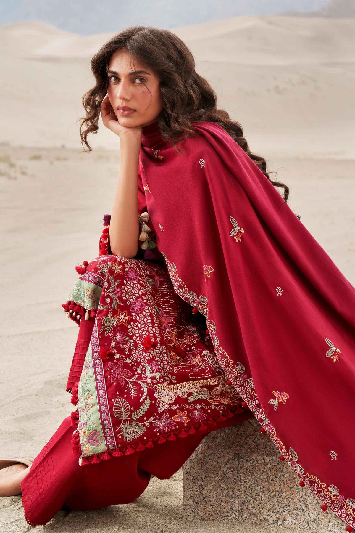 Maroon 3-Piece Printed Embroidered Suit in Karandi unstitched