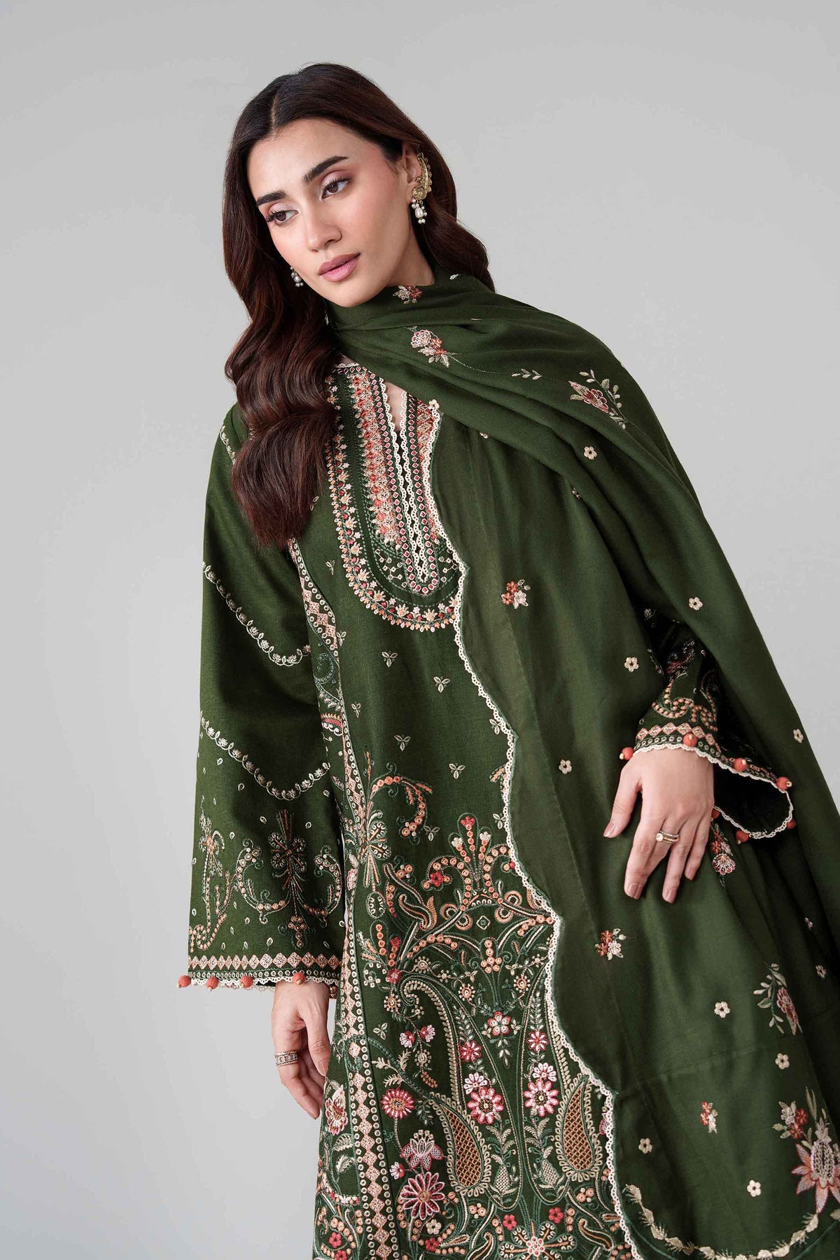 Green 3-Piece Printed Embroidered Suit in Karandi unstitched