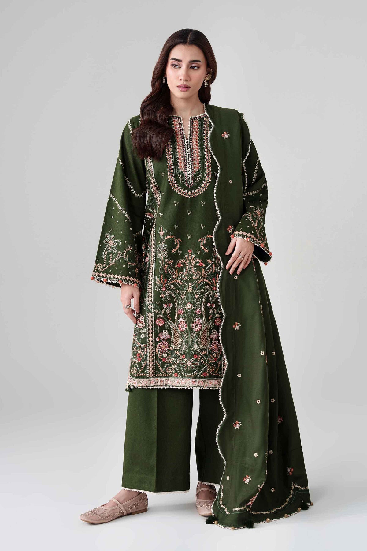 Green 3-Piece Printed Embroidered Suit in Karandi unstitched