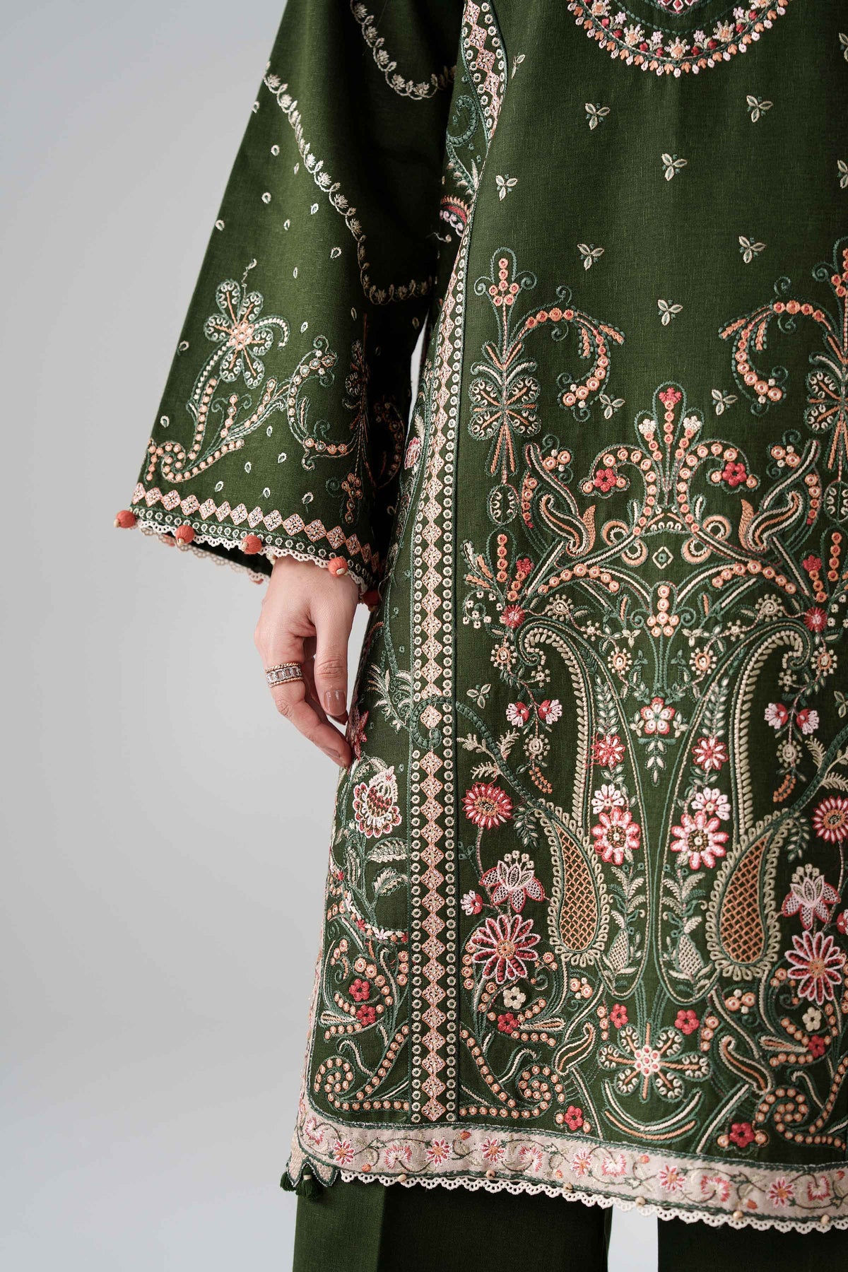Green 3-Piece Printed Embroidered Suit in Karandi unstitched