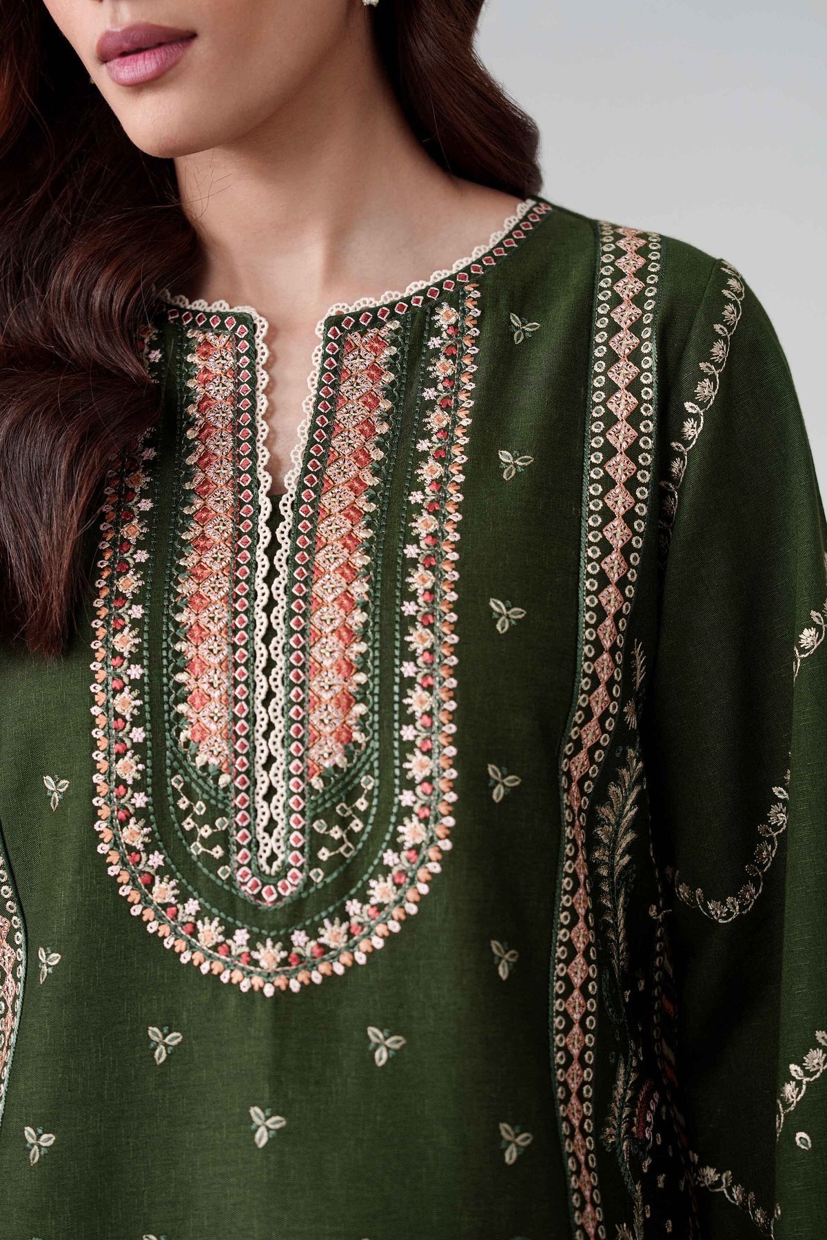 Green 3-Piece Printed Embroidered Suit in Karandi unstitched
