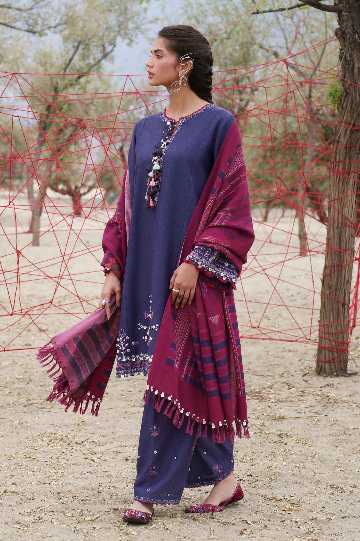 Blue 3-Piece Printed Embroidered Suit in Karandi unstitched