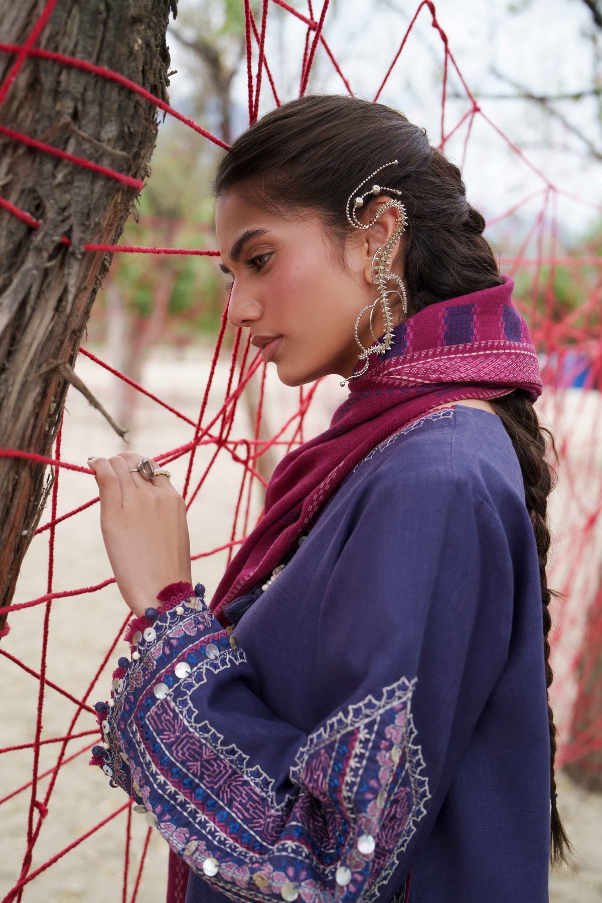 Blue 3-Piece Printed Embroidered Suit in Karandi unstitched