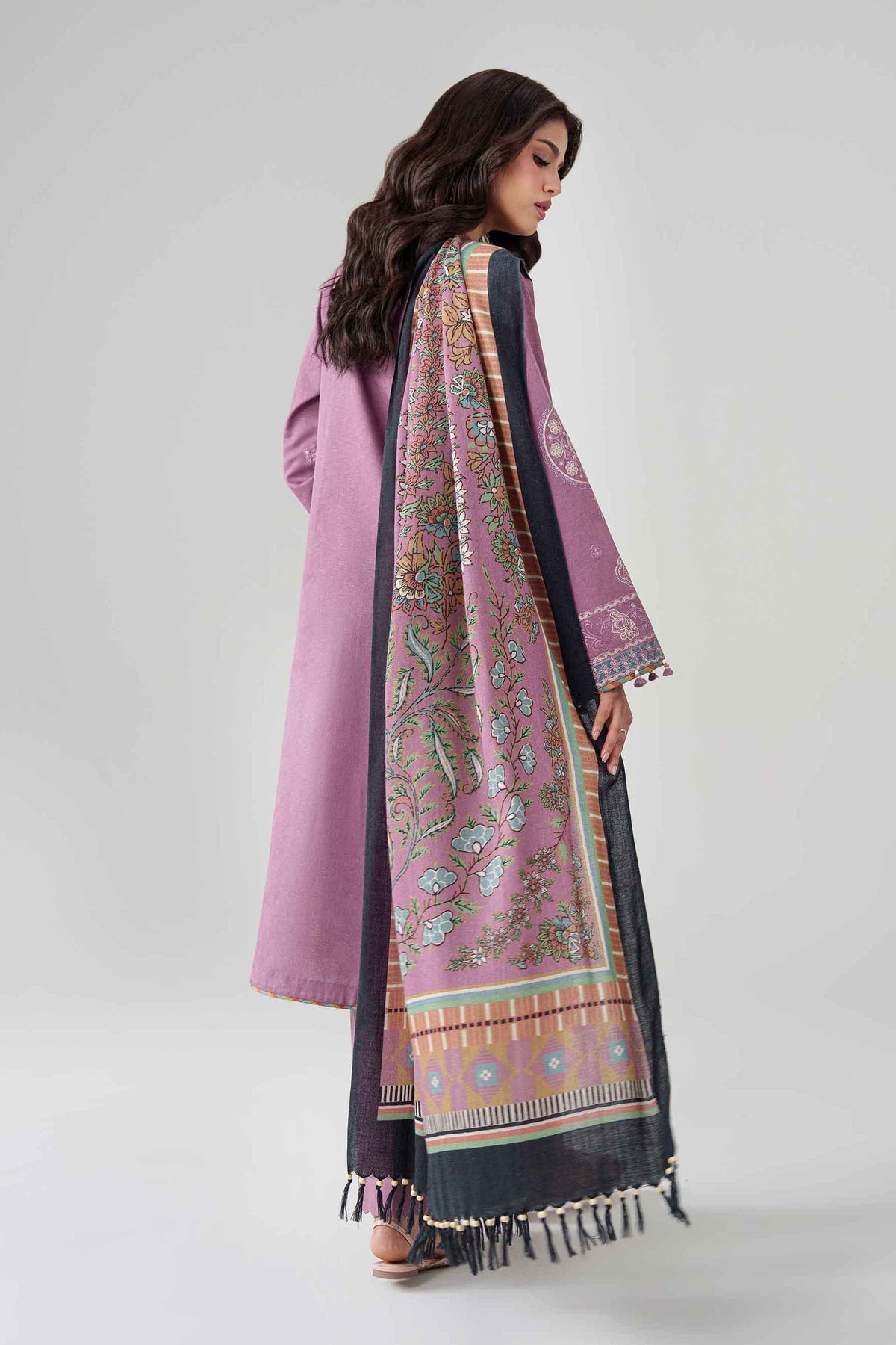 Purple 3-Piece Printed Embroidered Suit in Karandi unstitched