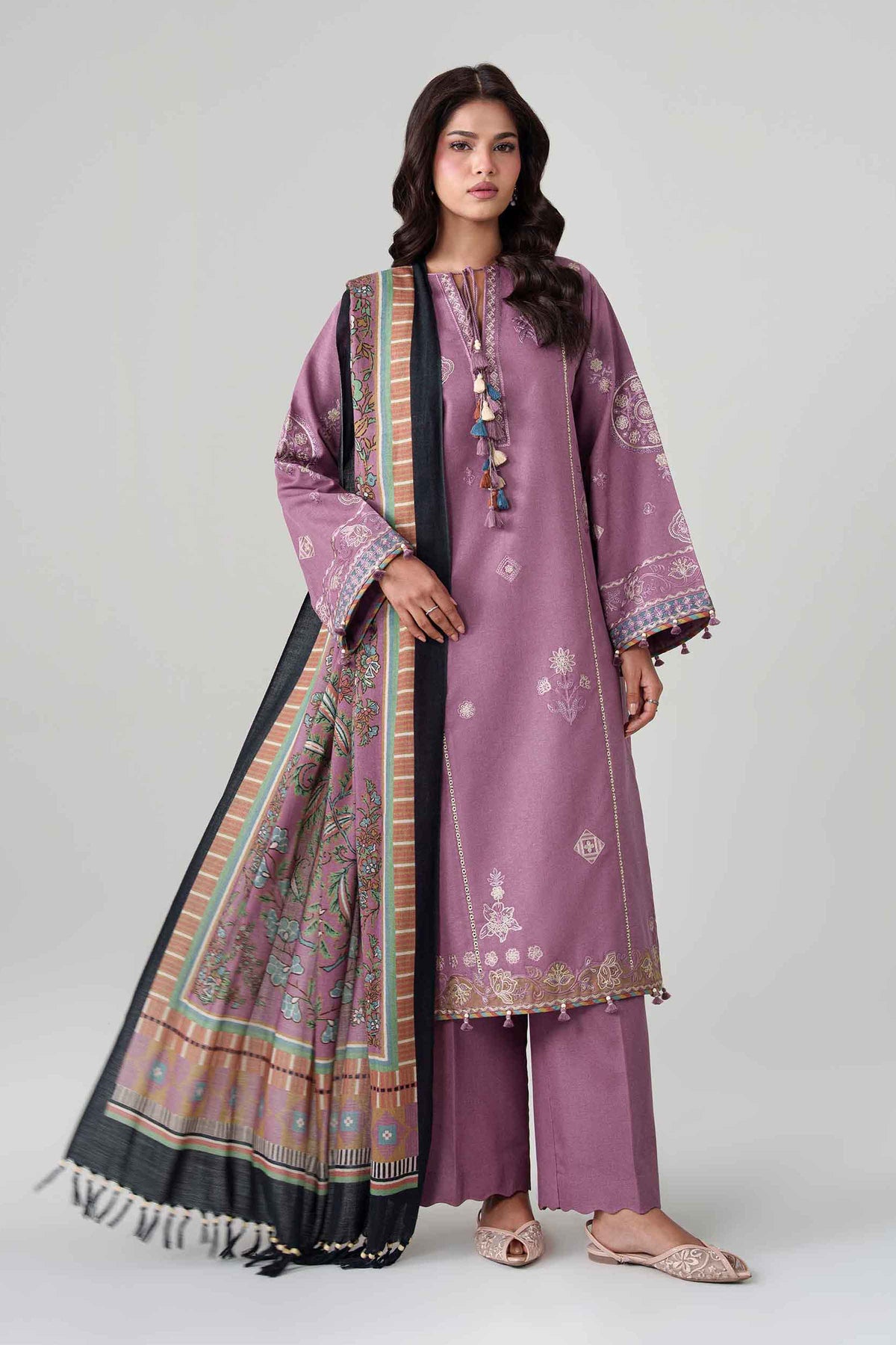 Purple 3-Piece Printed Embroidered Suit in Karandi unstitched