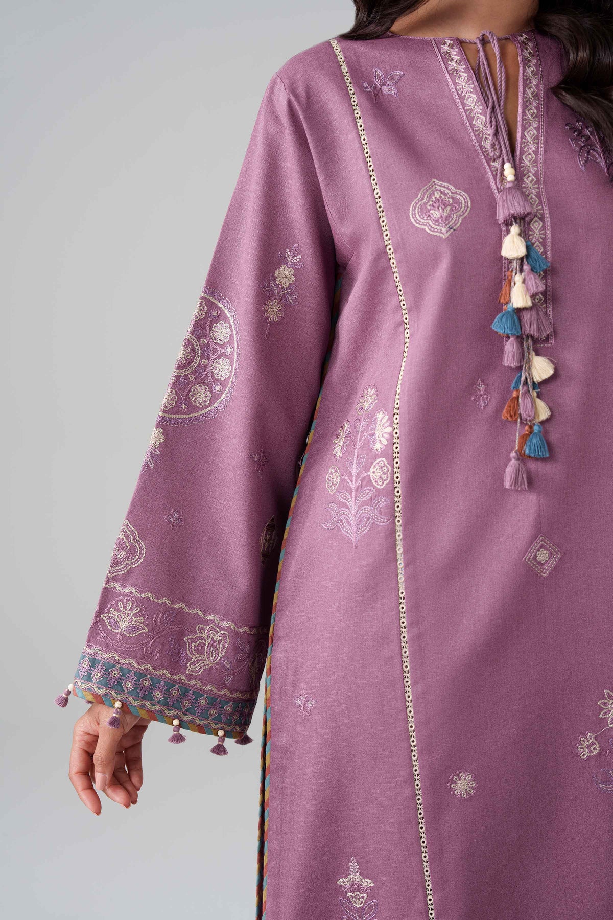 Purple 3-Piece Printed Embroidered Suit in Karandi unstitched